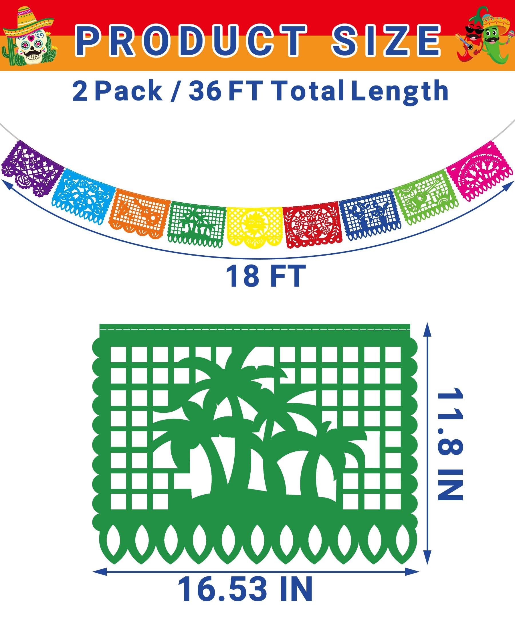 36 FT Cinco De Mayo Decorations, 2 Pack Mexican Party Banner, Plastic Fiesta Banner Colorful Papel Picado Hanging Banner String Flags Mexican Theme Party Dia De Los Muertos Day of the Dead Decor