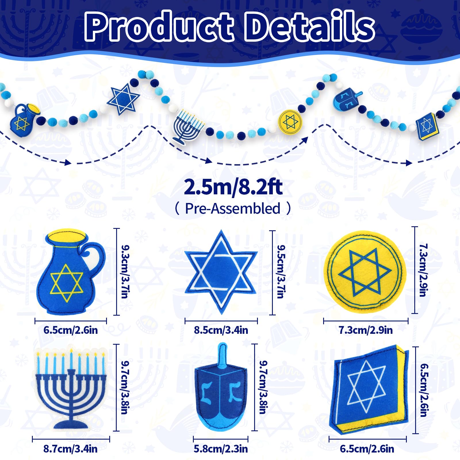 Jansun 8.2 Ft 3D Hanukkah Felt Pre Assembled Garland, Hanukkah Blue White Pom Pom Banner with Star of David and Menorah for Chanukah Mantel Home Wall Hanging Decorations