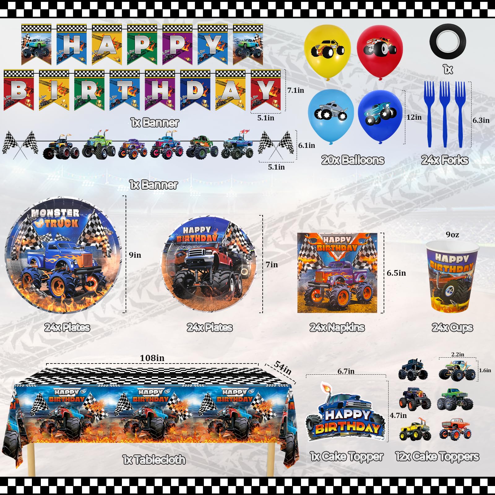 Monster Truck Birthday Party Decorations Tableware, Machines Jam Birthday Party Supplies Serve 24 with Balloons Plates and Napkins for Boys
