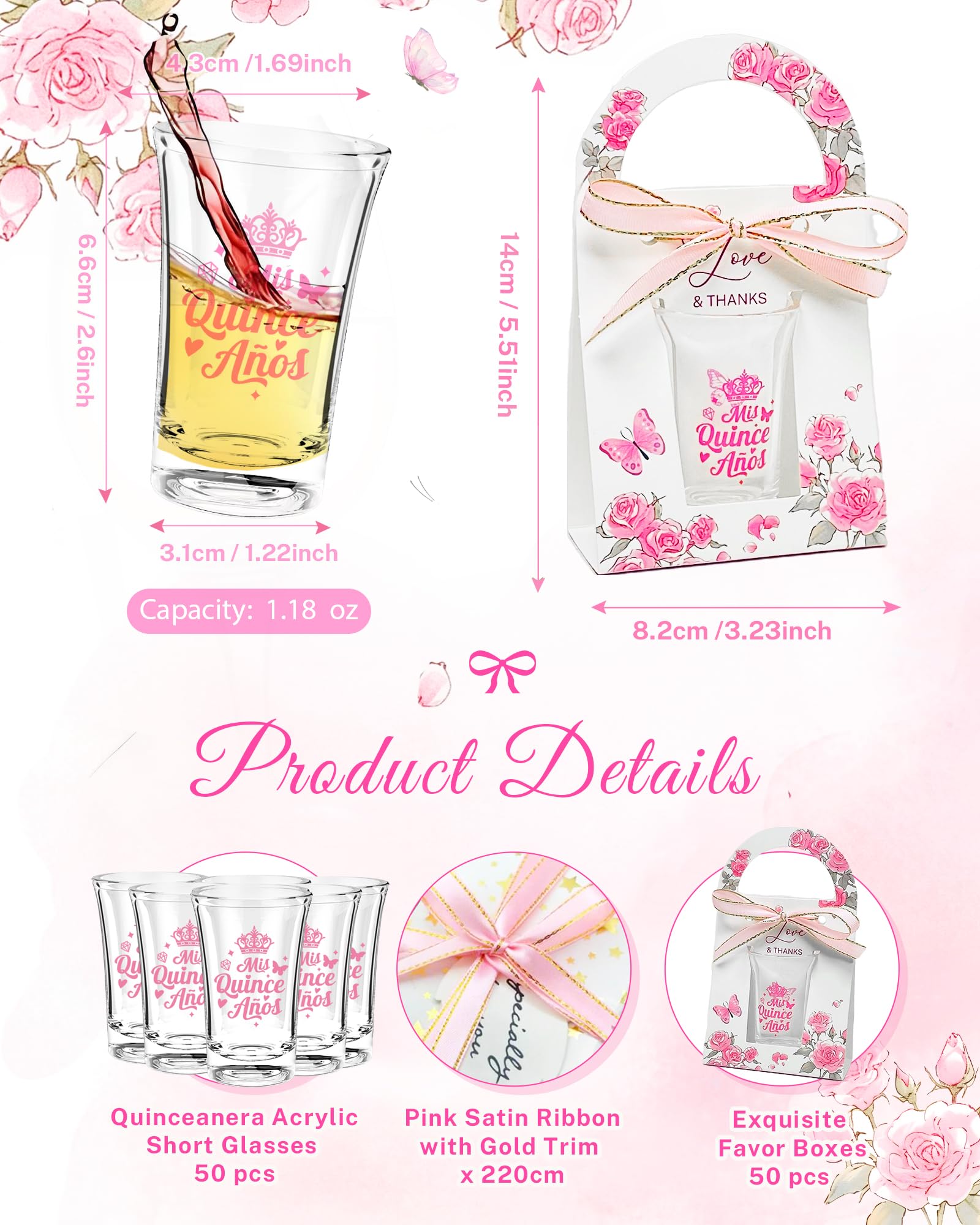 STELOVIKI Quinceanera Party Favors for Guests-50 Sets 1.18oz Quinceanera Acrylic Clear Shot Glasses Bulk With Gifts Boxes Mis Quince Anos Quinceanera Sweet 15 Birthday Party Favors-Pink