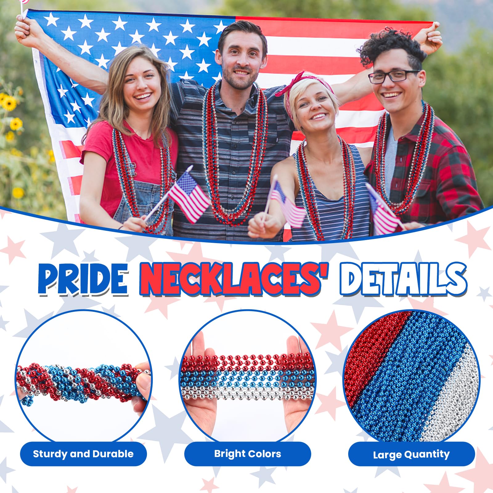 skaqwuan 300PCS 4th of July Accessories Patriotic Bead Necklaces, 33inch Red Blue Silver Necklaces Bulk, 4th of July Decorations for Parade Party Favors Veterans Day