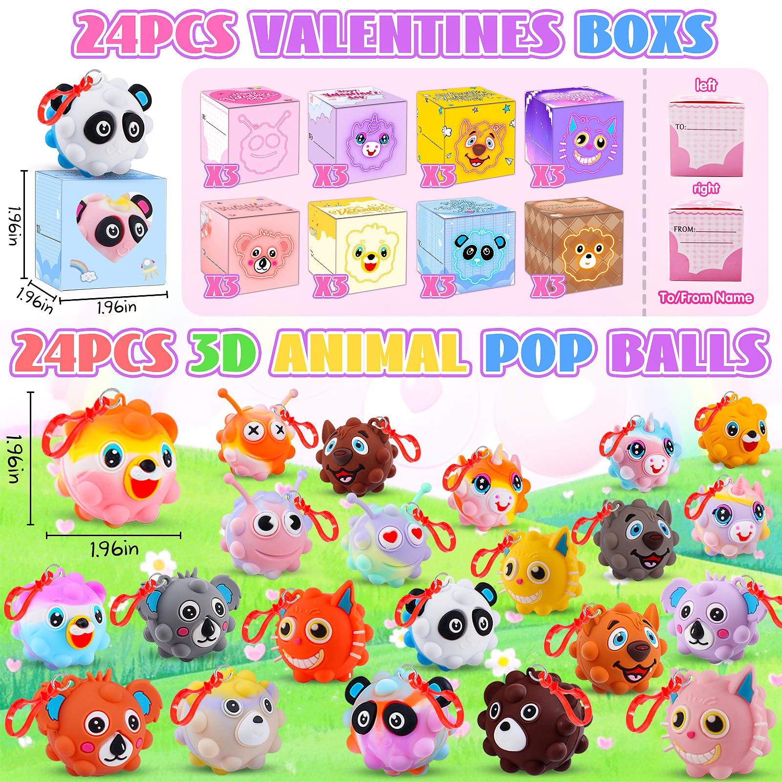 Valentines Day Gifts for Kids, 24 Pack Prefilled Valentines Box with 3D Animal Pop Balls, Valentines Party Favors School Classroom, Valentines for Class, Valentines Exchange Gifts for Boys Girls