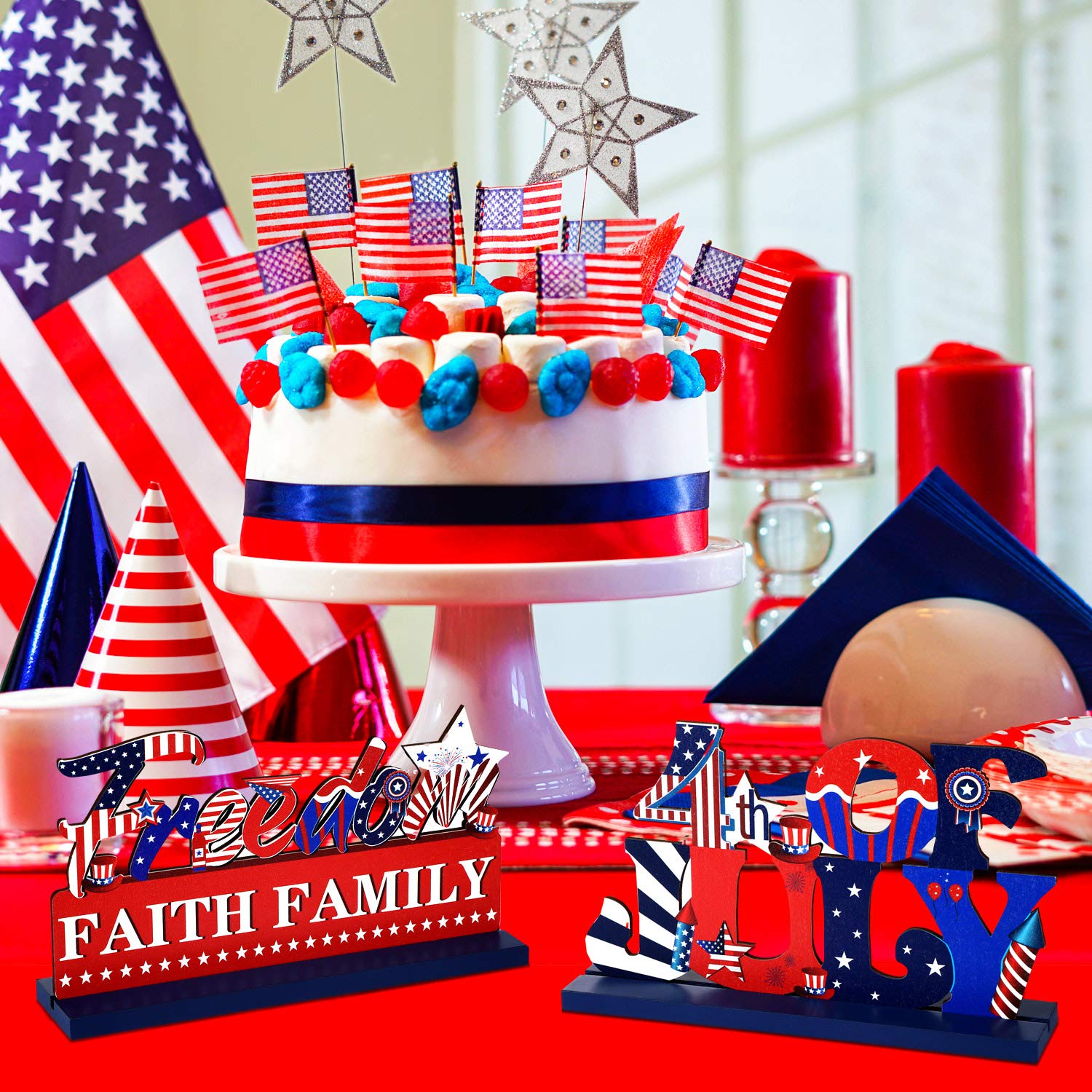 Frienda 3 Pcs 4th of July Table Centerpieces 250th Anniversary Patriotic Wooden Signs America Independence Day Decor for Memorial Veteran American Freedom Fourth of July Party Tables Decorations