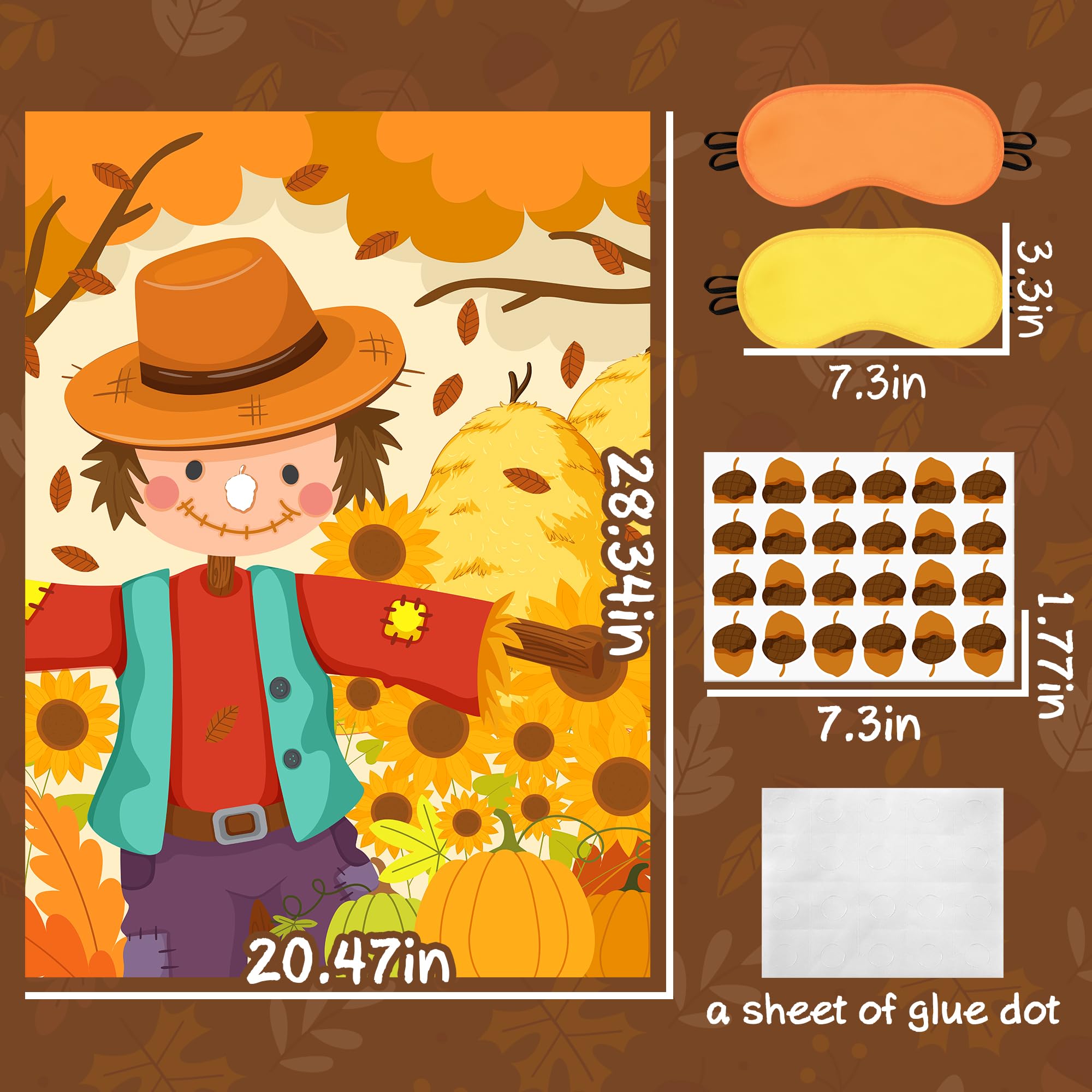 EmmgHen Fall Themed Pin the Nose On the Scarecrow Party Game Poster with 24 Pcs Acorn Stickers Fun Autumn Harvest Party Activity Decorations Supplies for Thanksgiving Halloween Fall Festivals Birthday
