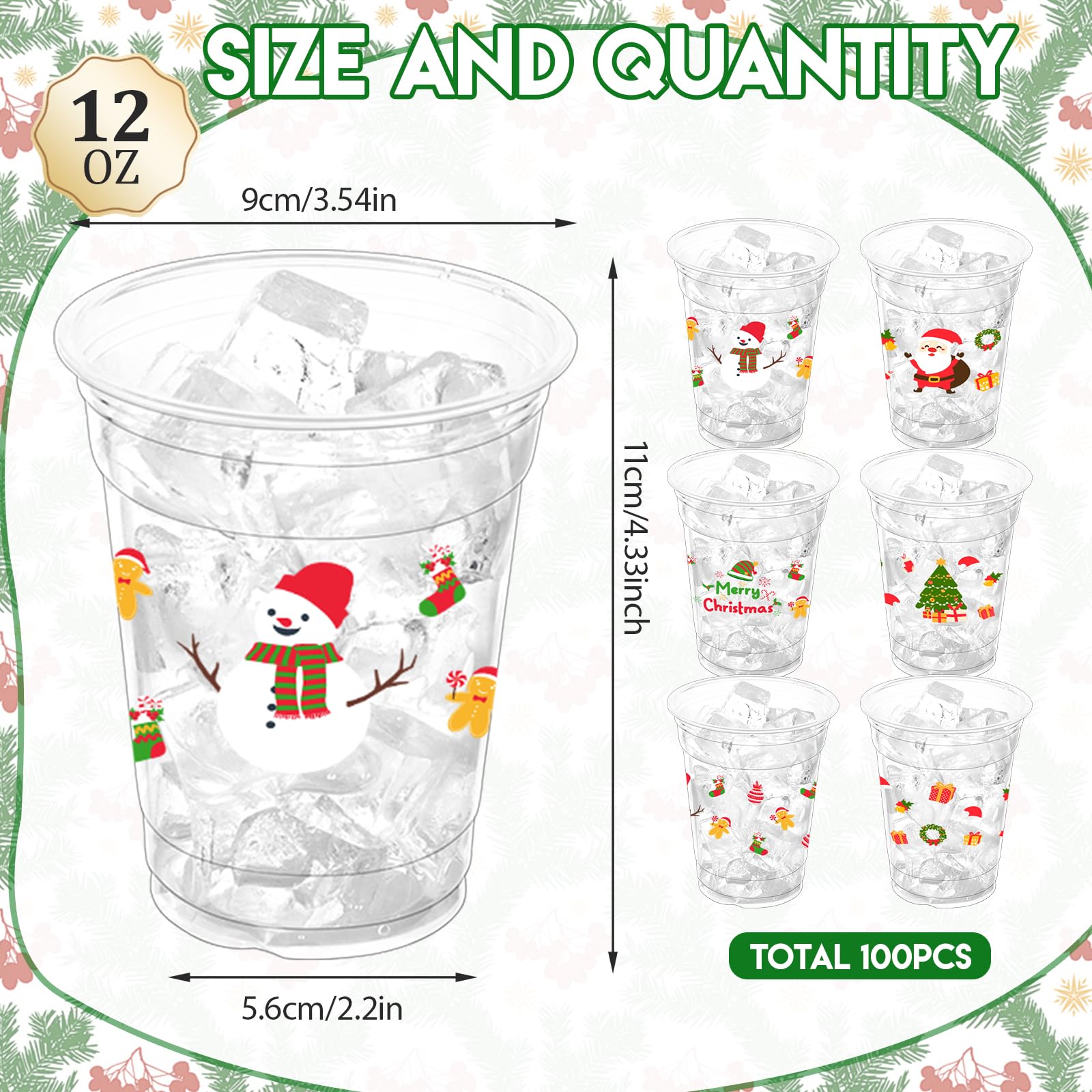 ZCPTZ 100 Pcs Christmas Party Cups, 12oz Disposable Cups Merry Christmas Disposable Clear Cups Plastic Party Cups for Party Favors Holiday Party Supplies