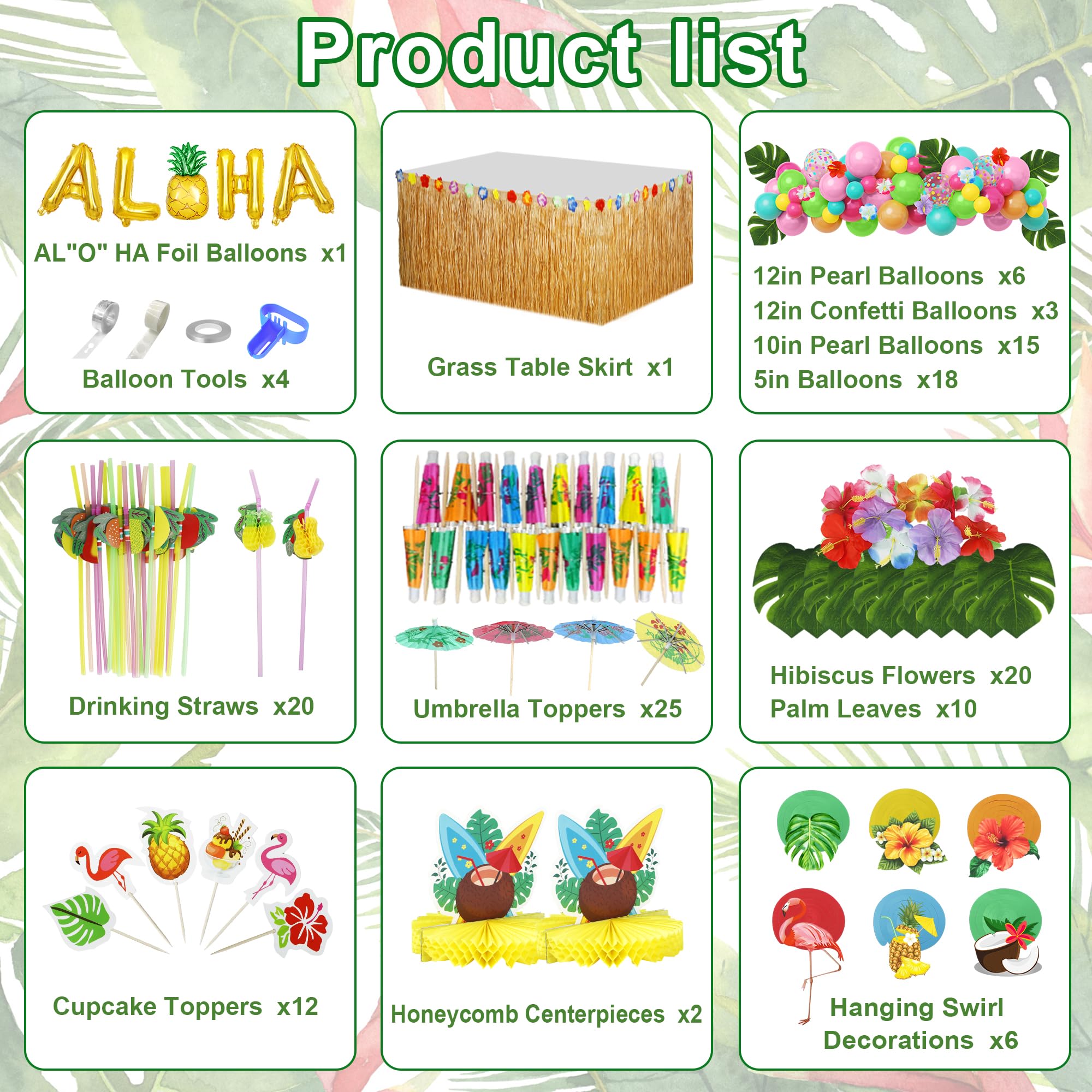 153Pcs Hawaiian Aloha Luau Party Decorations, Tropical Summer Beach Birthday Supplies Grass Table Skirt Hanging Swirl Aloha Balloon Garland Honeycomb Centerpiece Hibiscus Palm Leaves Straws CakeTopper