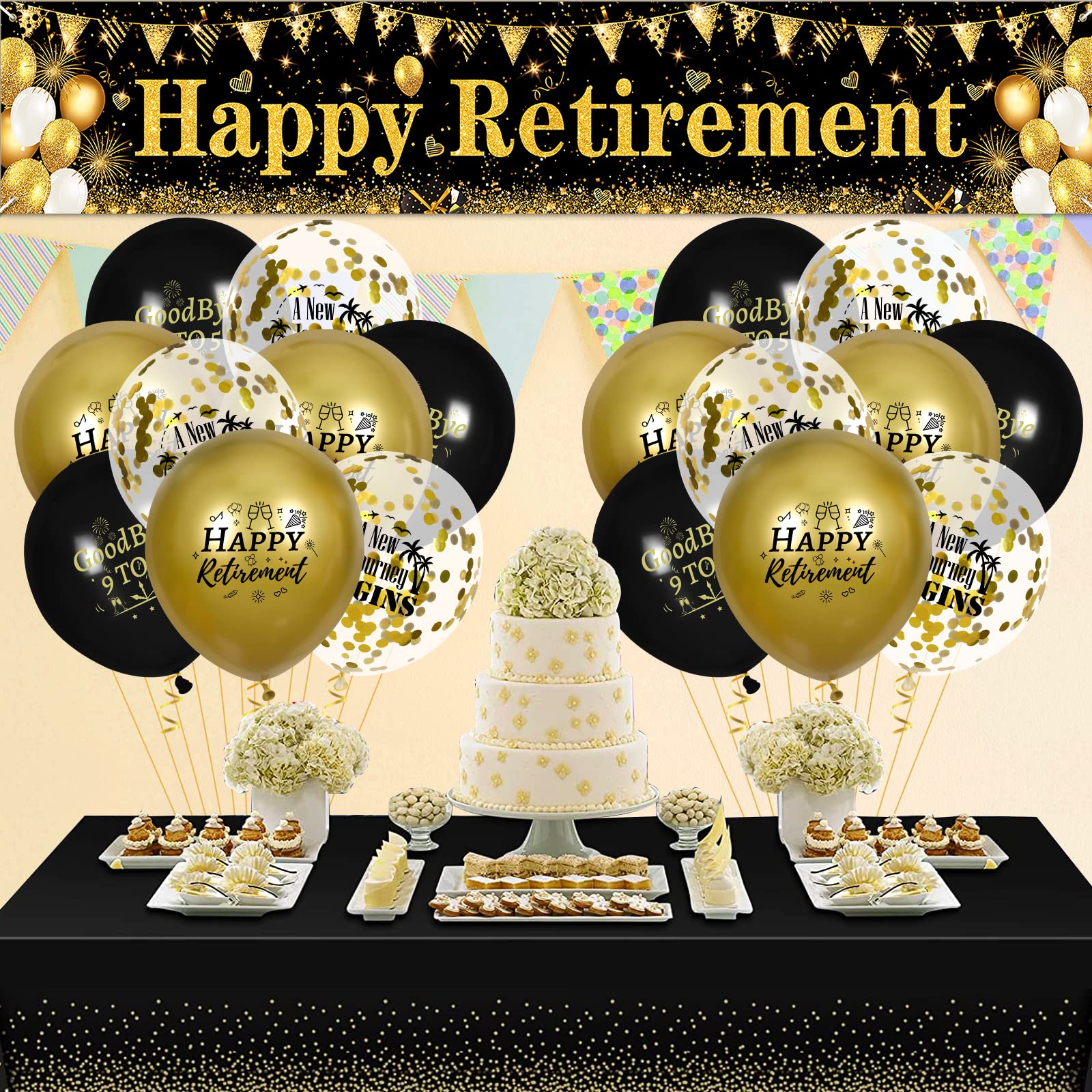 Retirement Party Decorations Black Gold Happy Retirement Banner and 18pcs Balloons for Men and Women Large Black Gold Retire Yard Sign for Party Supplies