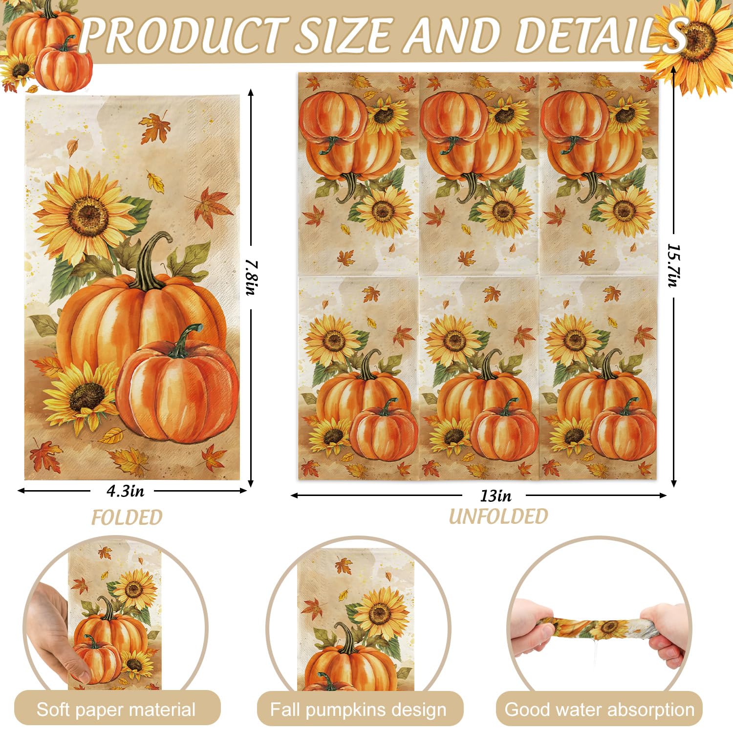 100 Pcs Fall Napkins, Fall Disposable Paper Decorative Guest Napkins, Thanksgiving Harvest Pumpkin & Sunflower Hand Towel for Party Lunch Dinner Kitchen Bathroom Decor