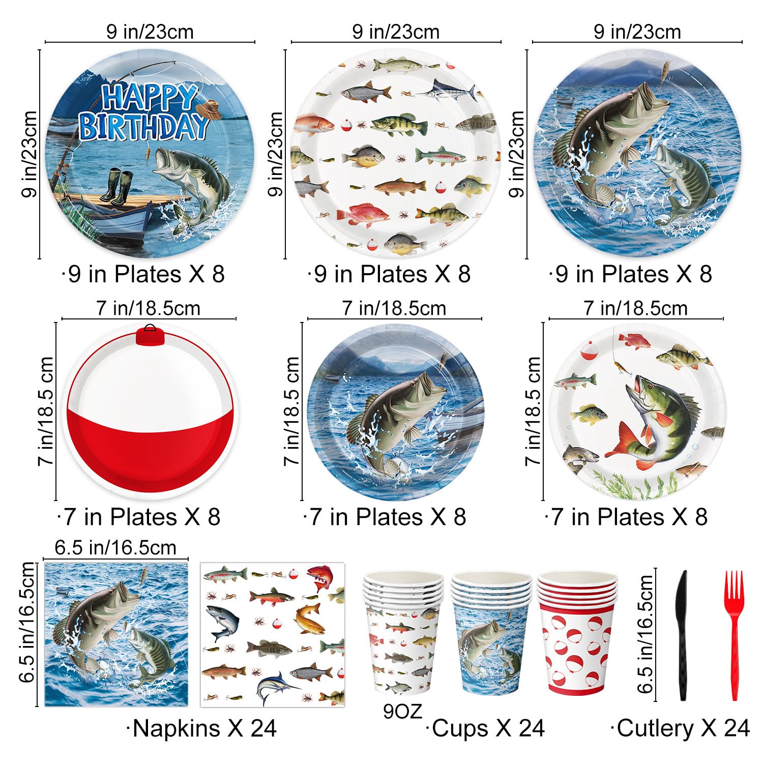 Fishing Birthday Party Decorations Kit with Plates, Napkins, Cups, Cutlery, Honeycomb Balls, Banner, Hanging Swirls, Tablecloths, Toppers, Balloons for Ofishally One Birthday Decorations, Serves 24