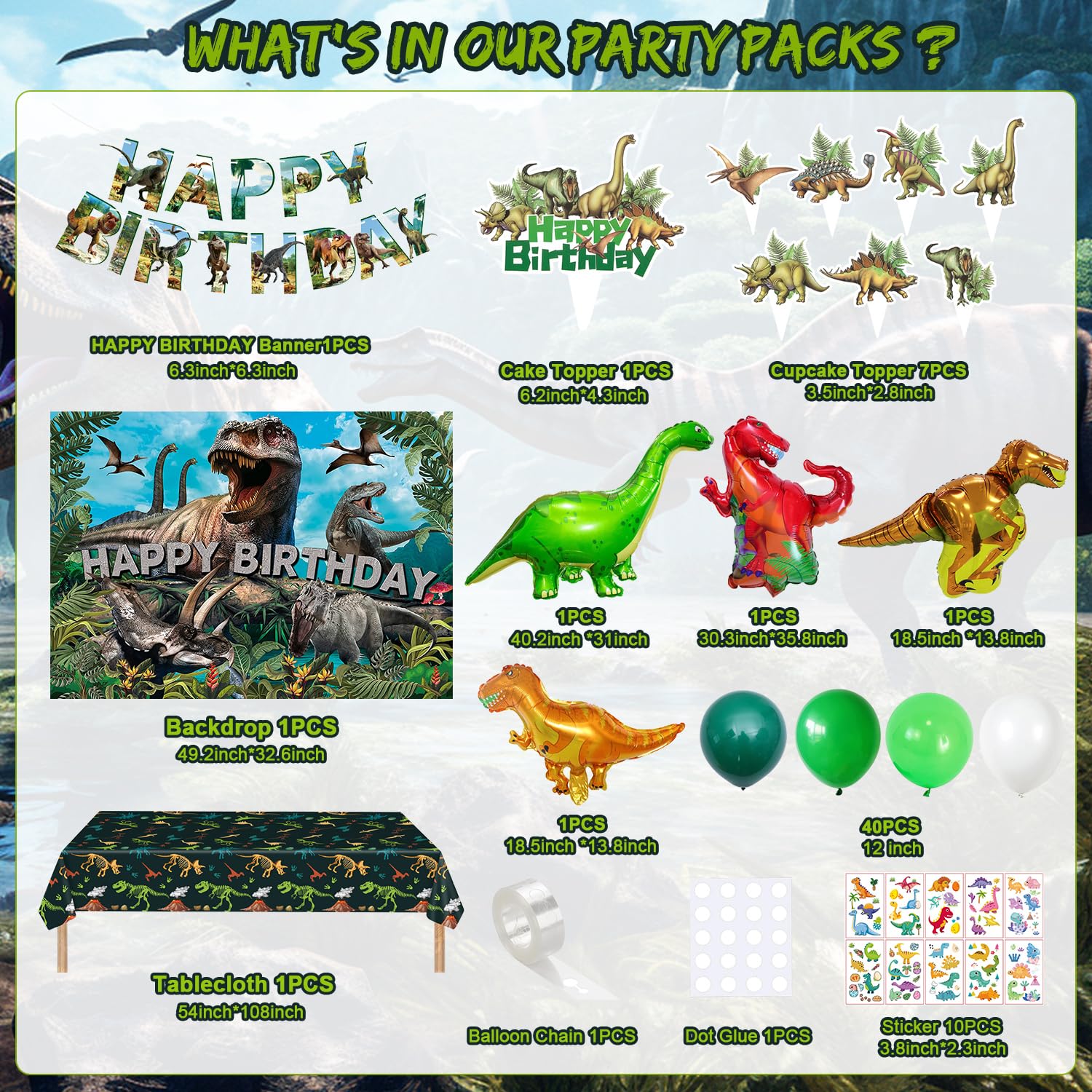 SPIGHTDEX Dinosaur Birthday Party Decorations Kit for Boys - Dino Party Supplies with Tablecloth, Banner, Backdrop, Cake Topper, Balloons & Stickers for Kids