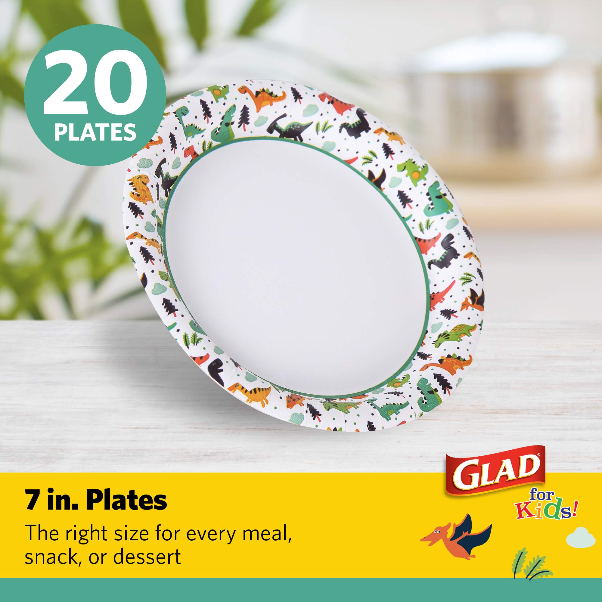 Glad for Kids Dinosaur Paper Plates, Soak Proof, 7 Inch, 20 Count