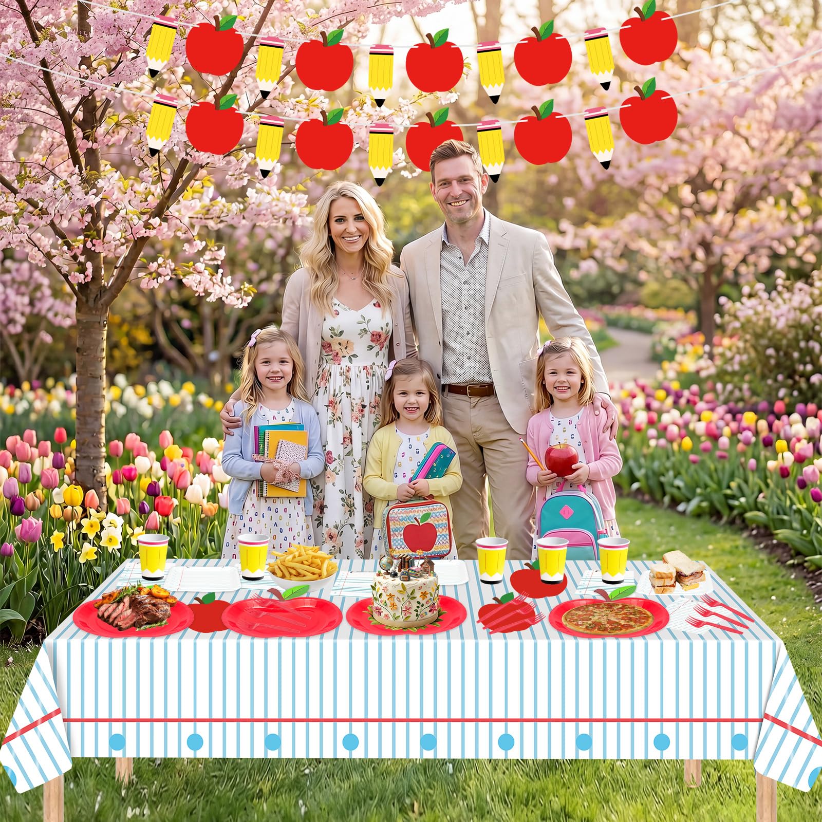 122 Pcs Back to School Decorations Set, Includes Apple Paper Plates Napkins, Notebook Dessert Plates Tablecloth, Cups, Banner and Forks for All Grades First Day of School Decor Party Supples, Serve 24
