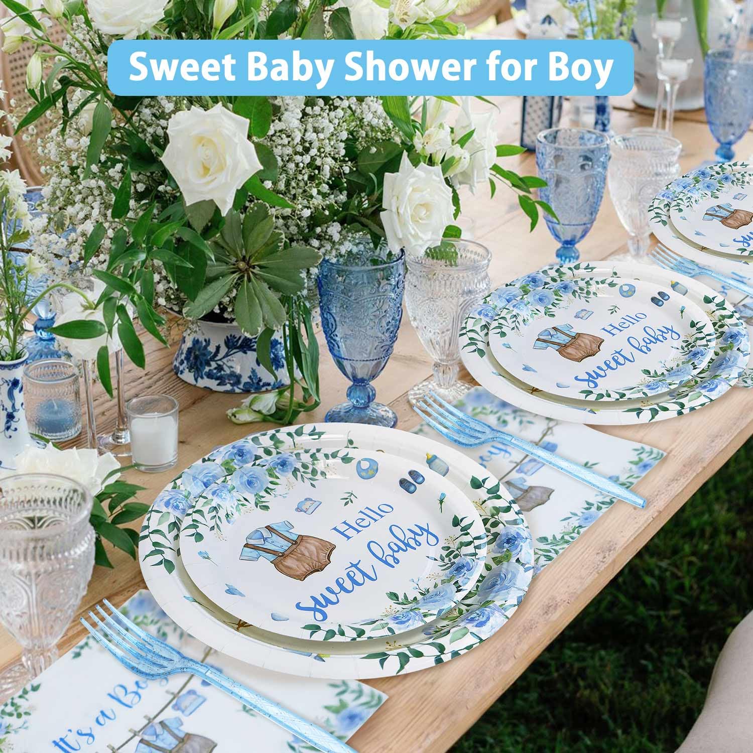 Heboland Boy Baby Shower Decorations Plates Set 25 Guests, 100 Pcs Blue It's a Boy Sweet Baby Shower Decorations Paper Plates Napkins Forks Set Tableware