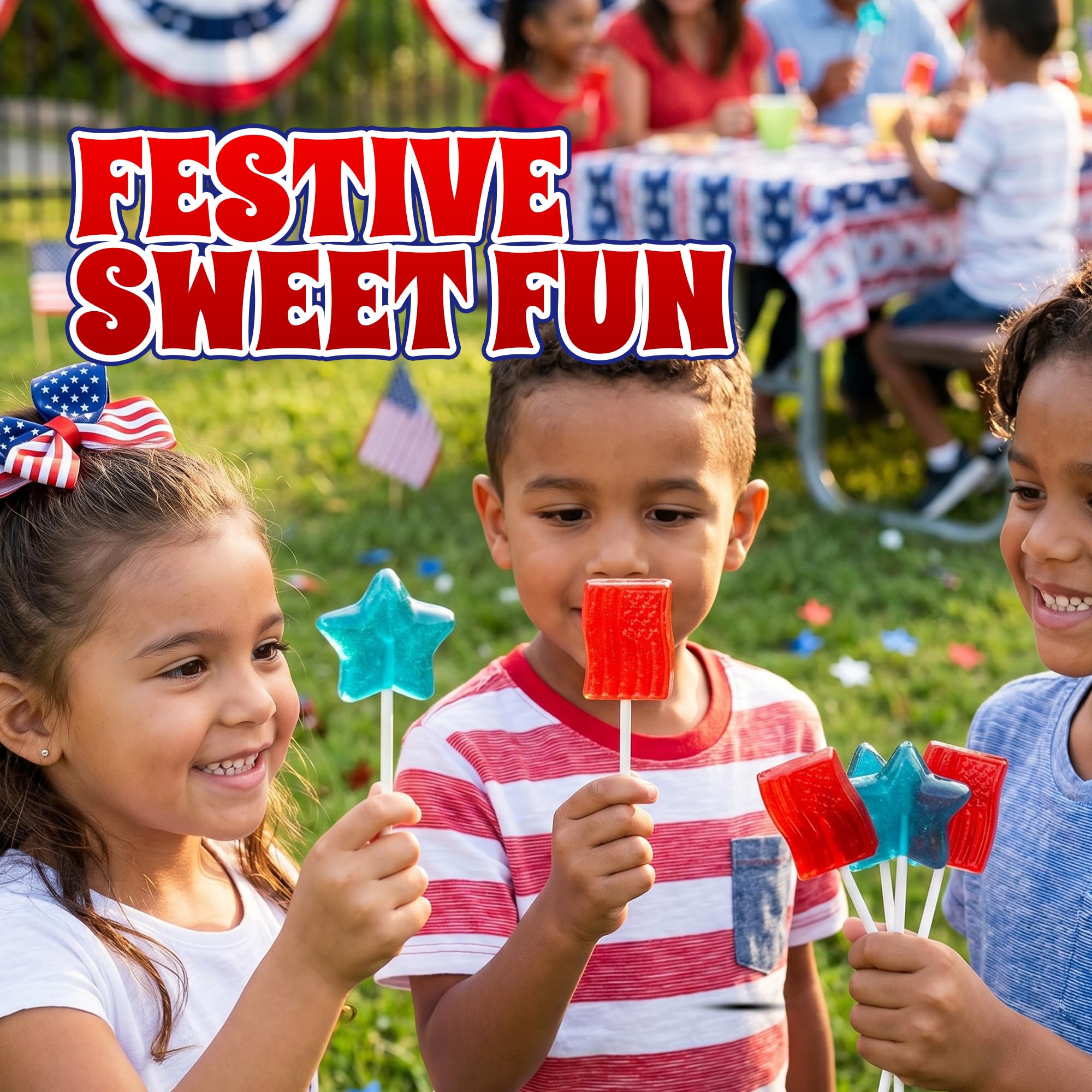 50 Pack Patriotic Lollipops - Individually Wrapped 4th of July Flag & Star Suckers - Strawberry & Tutti Frutti Flavors -Bulk July 4 Red White And Blue Candy - Great Use For, Kids Party Favors, Classro