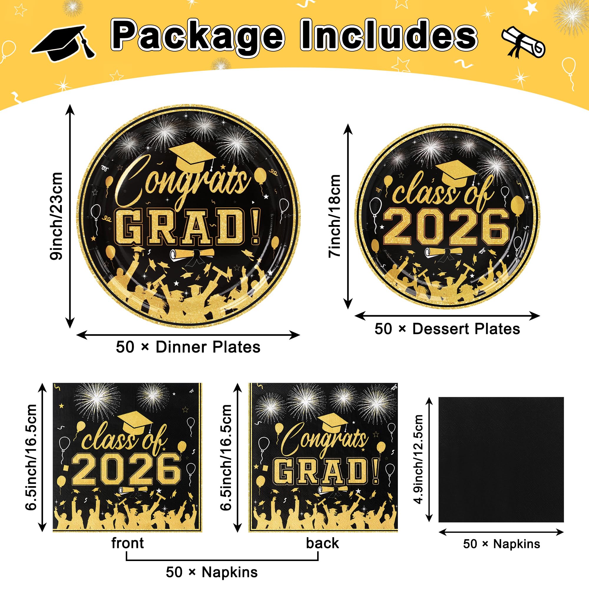 200 Pcs Graduation Party Plates and Napkins Graduation Decoration Black and Gold Class of 2026 Disposable Paper Plates Luncheon Napkins Cocktail Napkin for Congrats Grad Party Decoration,Serve 50