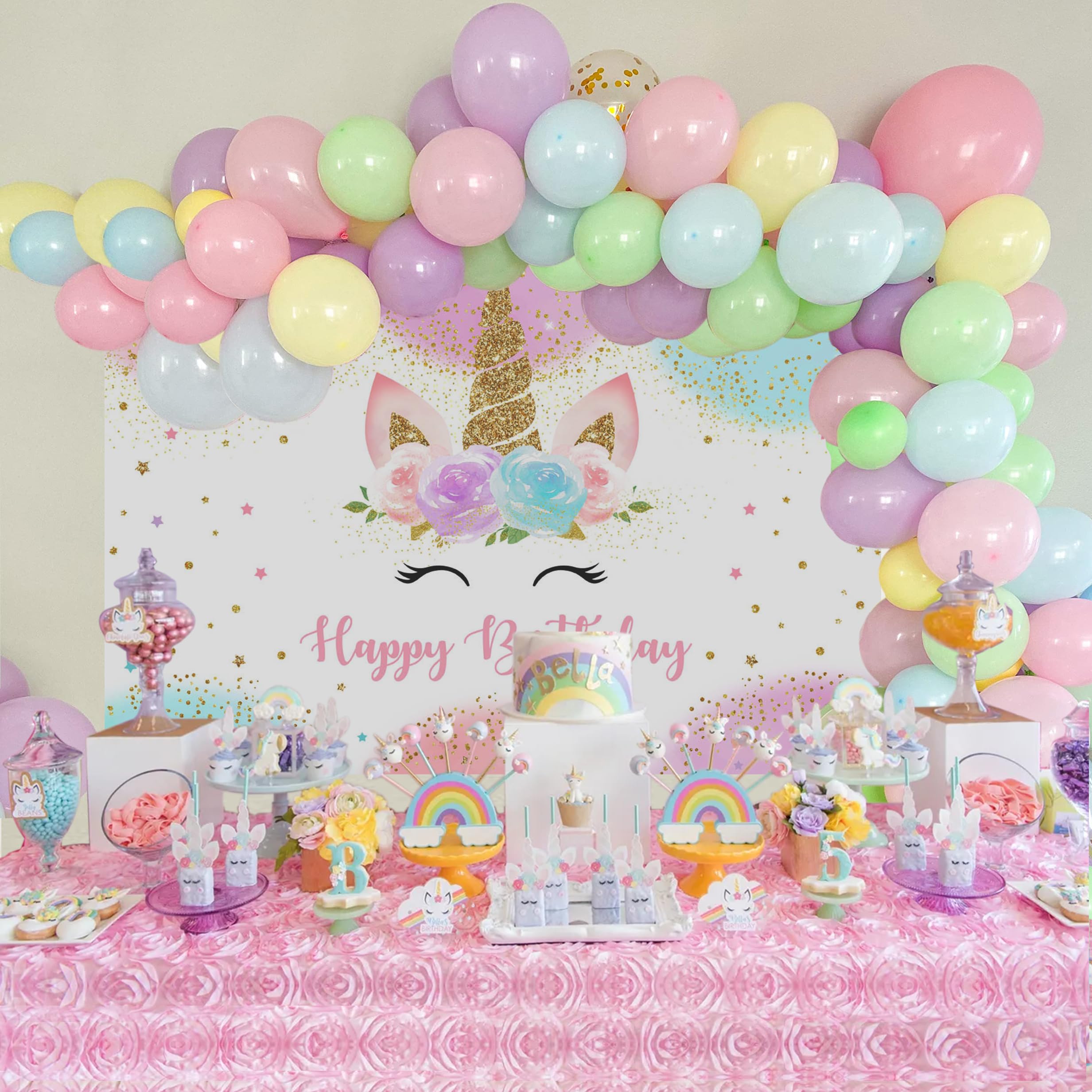 Mocsicka Unicorn Backdrop Birthday Decorations for Girls 5x3ft Pastel Rainbow Unicorn Happy Birthday Banner Party Decorations Photo Booth Props