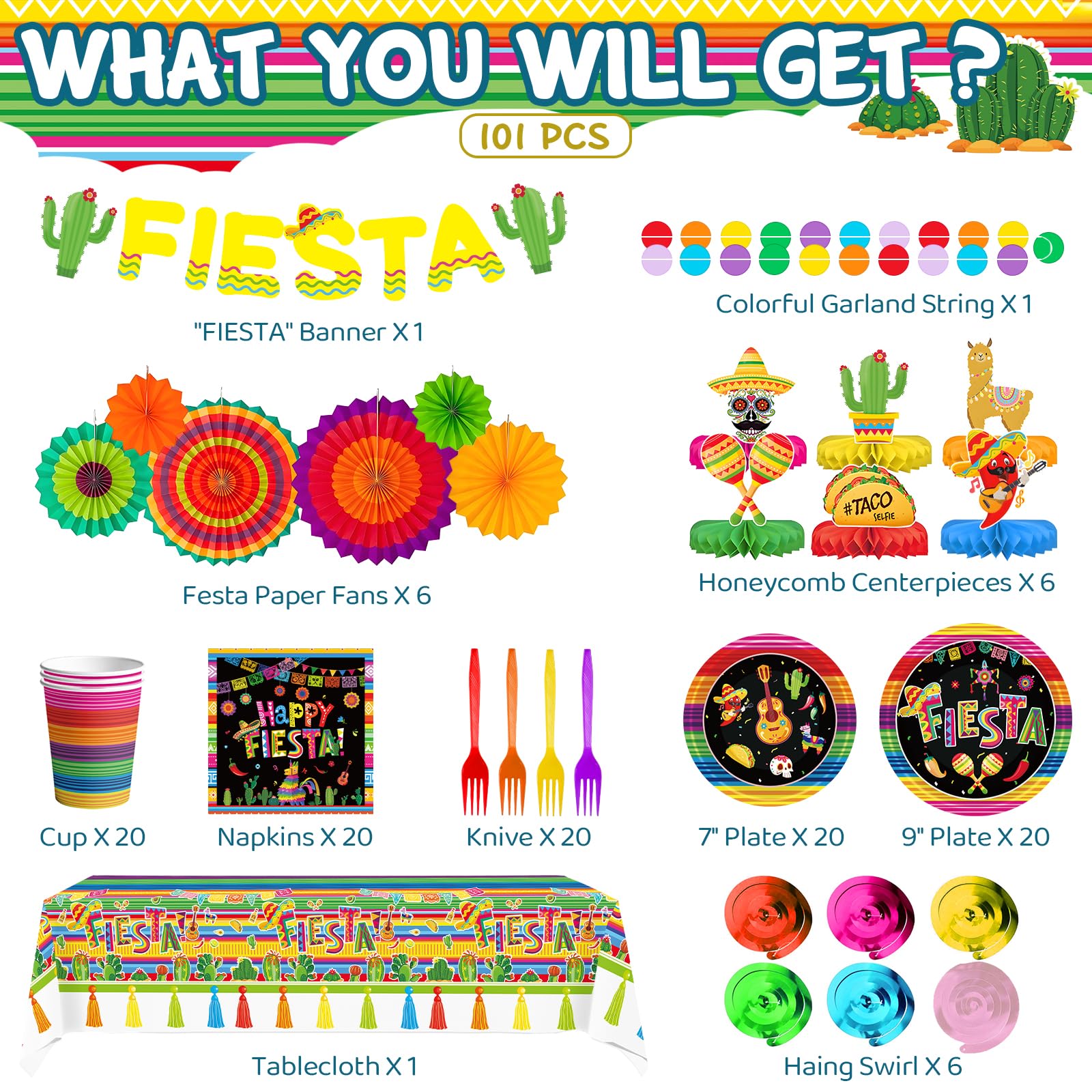 DMIGHT 101PCS Fiesta Party Supplies Set – Plates, Napkins, Fiesta Paper Fans, Banner, Tablecloth, Honeycomb Centerpieces – Perfect for Cinco de Mayo, Mexican Fiesta, and Fiesta Party Decorations