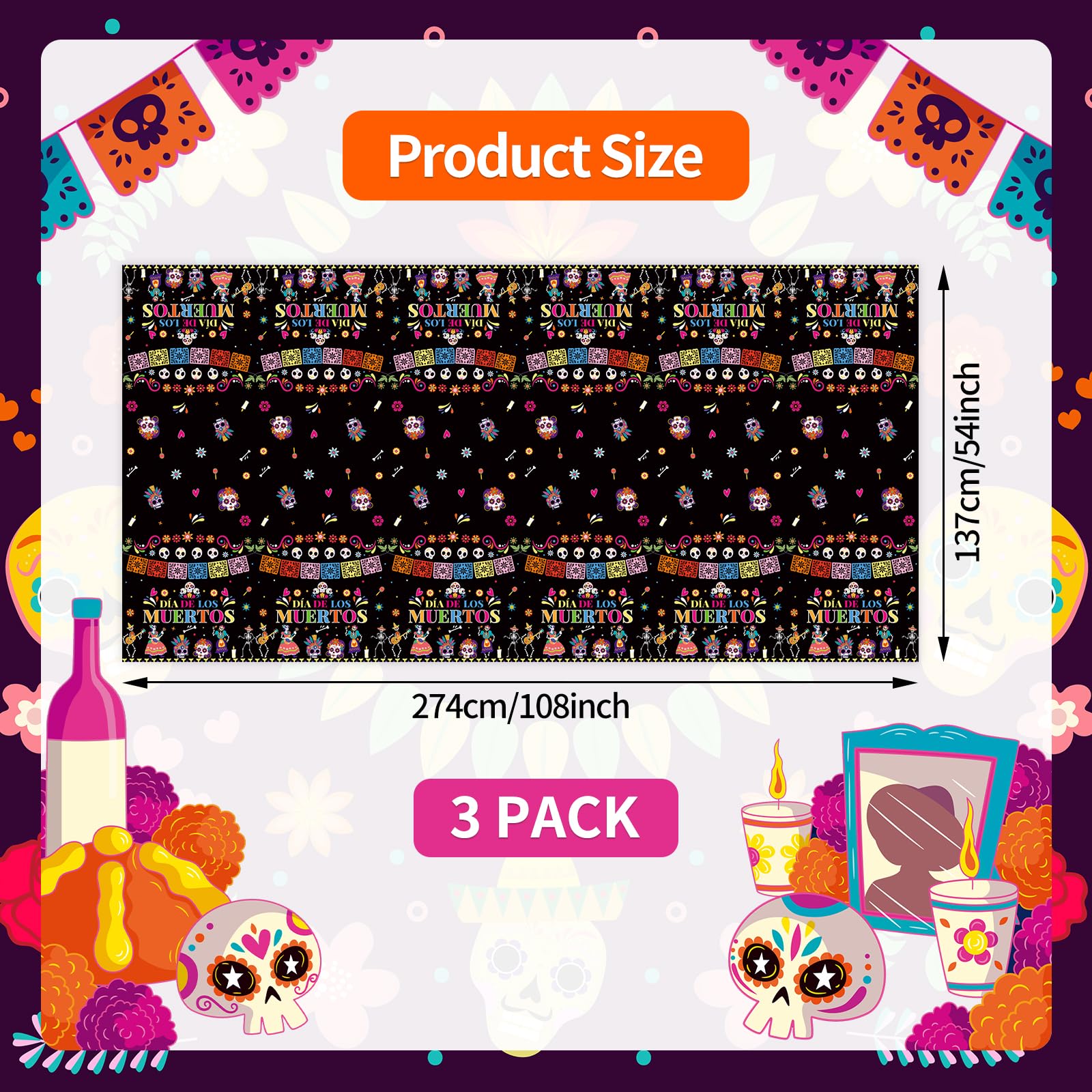 Gistome 3-Piece 54 x 108 Inch Day of the Dead Plastic Tablecloth – Colorful Sugar Skull Disposable Table Cover for Día de Los Muertos, Mexican Fiesta, and Halloween Party Decorations