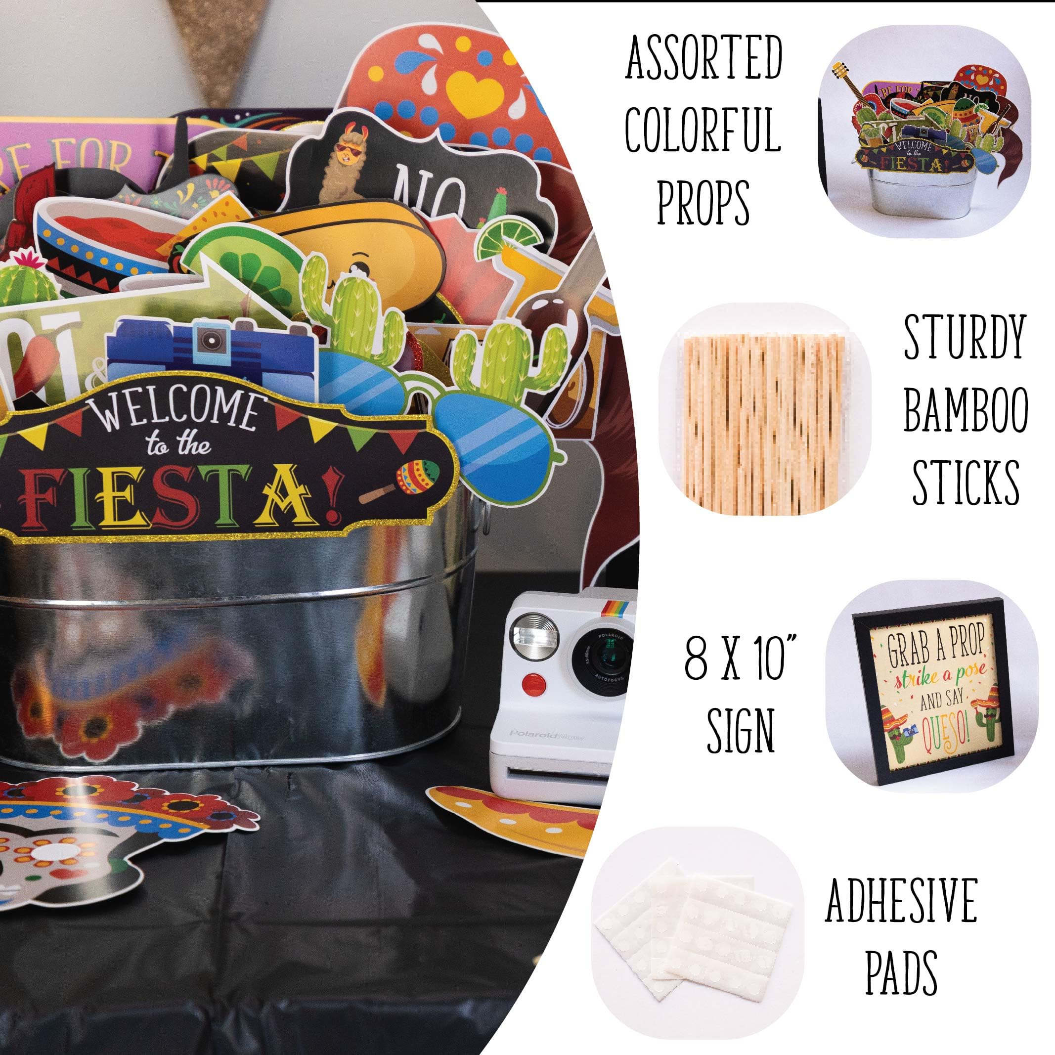 Fiesta Photo Booth Props - 41-pc Photobooth Kit with 8 x 10-Inch Sign, 60 Adhesive Pads, 45 Sticks - Mexican Photo Prop - Fiesta Props - Photo Booth Props Cinco de Mayo