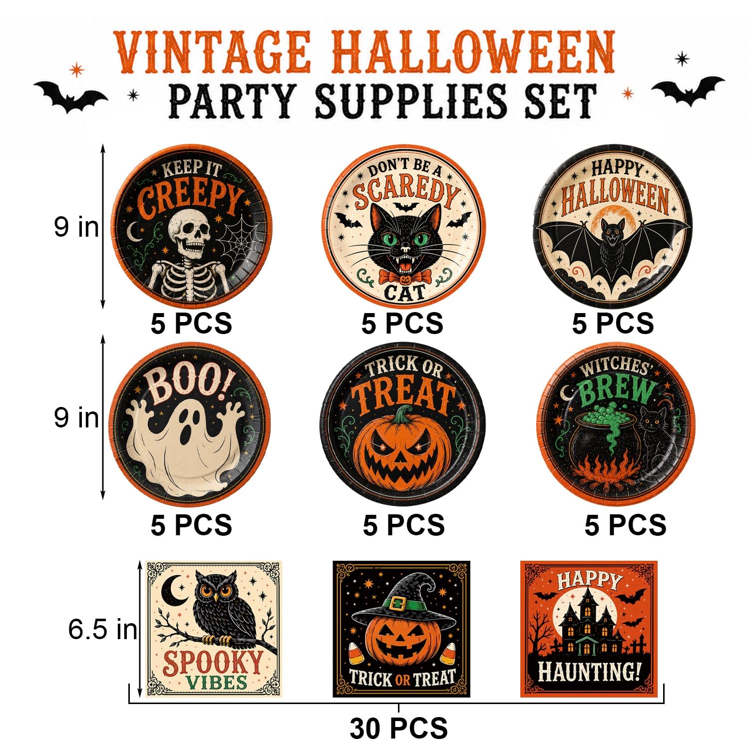 Oigco 60PCS Halloween Party Supplies, Vintage Halloween Plates and Napkins Set with 9-inch Dinner Plates, and Napkins for Halloween Birthday Party Decorations, Serves 30