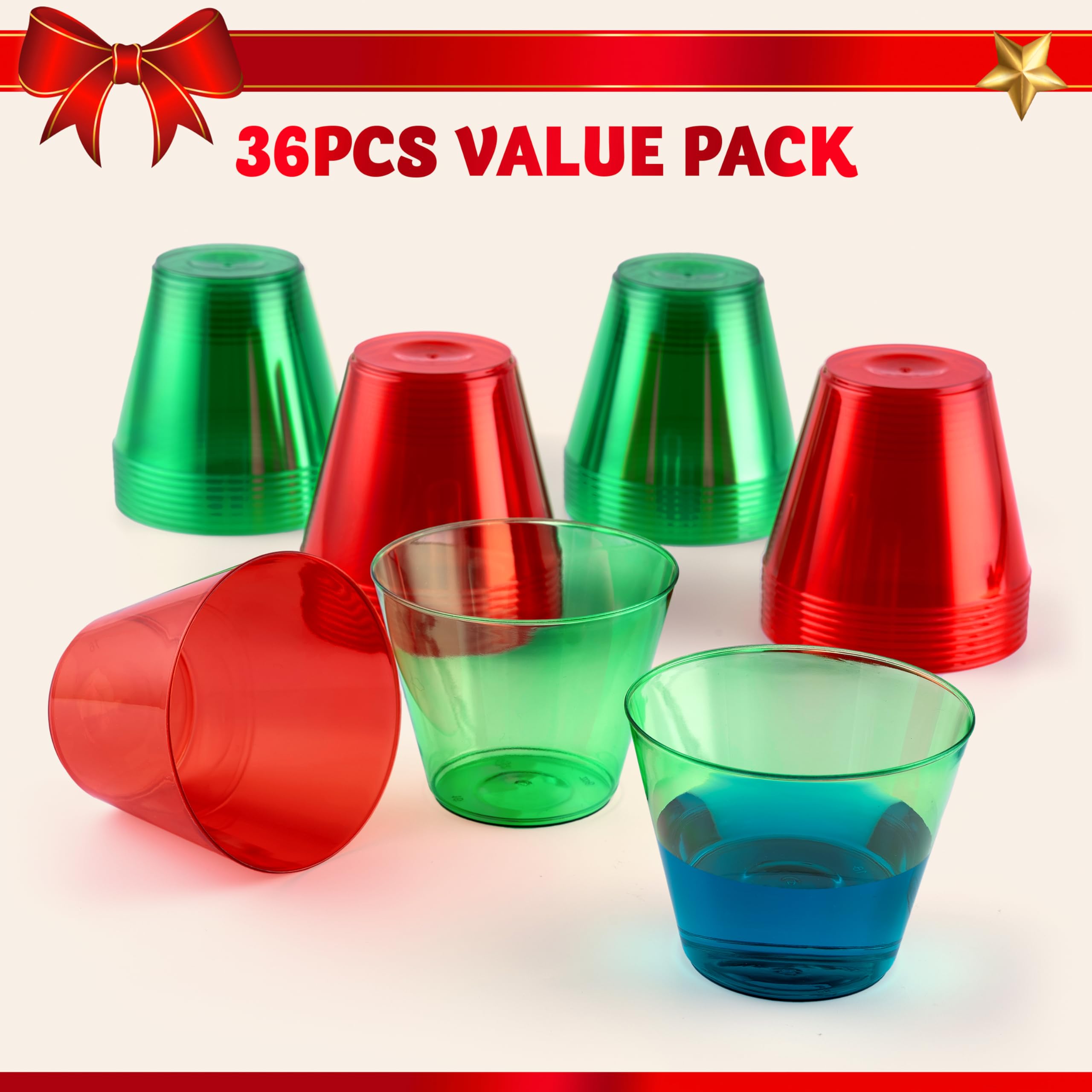 JOYIN 36 PCS Clear Disposable Plastic Cups, 9 OZ Christmas Red and Green Drinking Cups, Plastic Wine Glasses for Xmas Party Supplies, Wedding, Thanksgiving, Birthday, Holiday, New Year