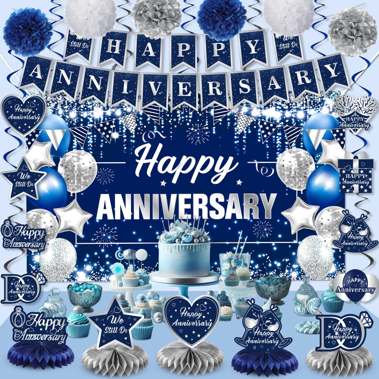 Happy Anniversary Decorations Kit Blue Silver Happy Anniversary Banner Honeycomb Centerpieces Hanging Swirls Tissue Paper Pompoms Set for Men Women Couple Wedding Anniversary Party Supplies Decor