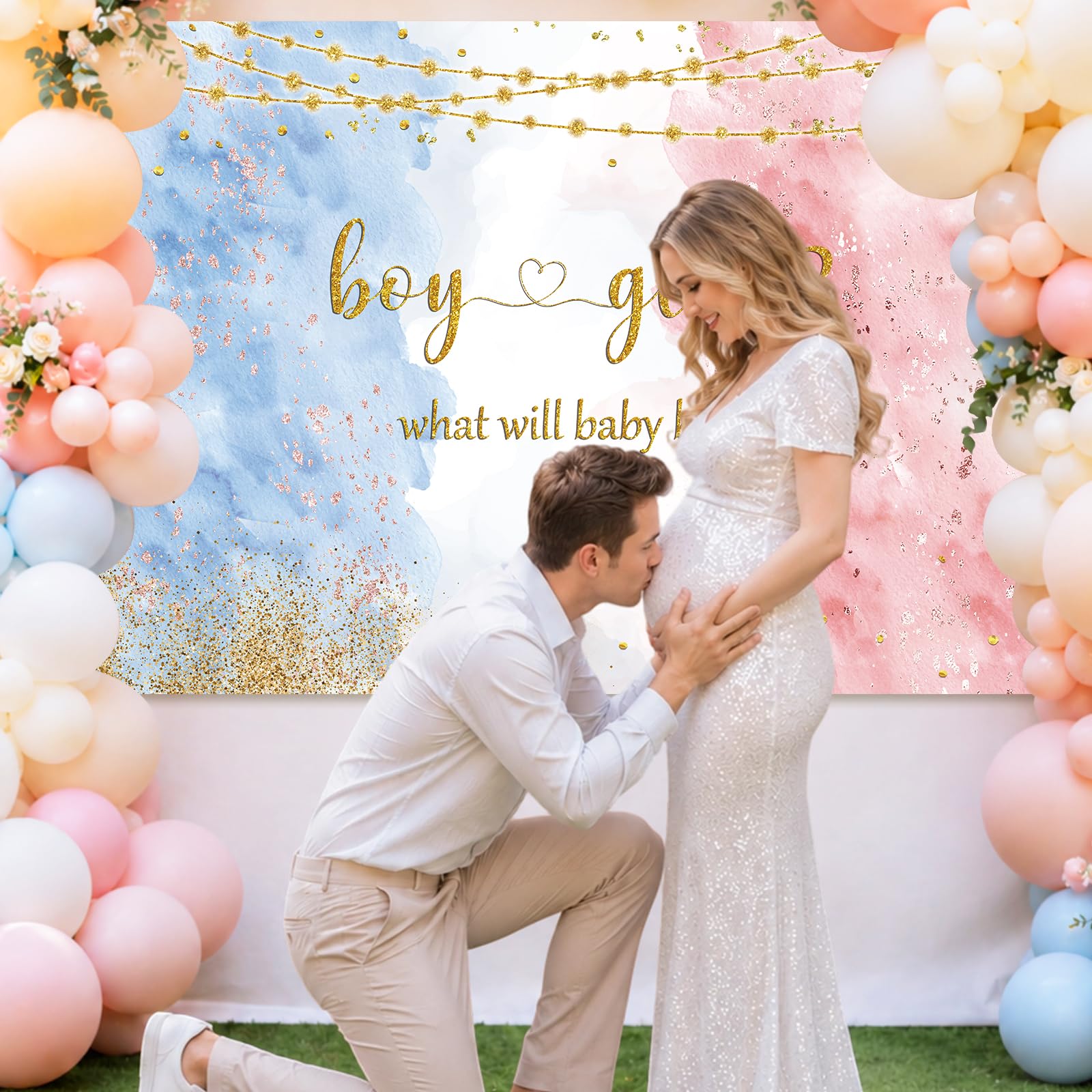 MEHOFOND 5x3ft Blue Pink Gender Reveal Backdrop Boy or Girl Party Decoration Photography Background Watercolor Rose Gold and Navy Blue He or She Pregnancy Reveal Surprise Party Photoshoot Banner