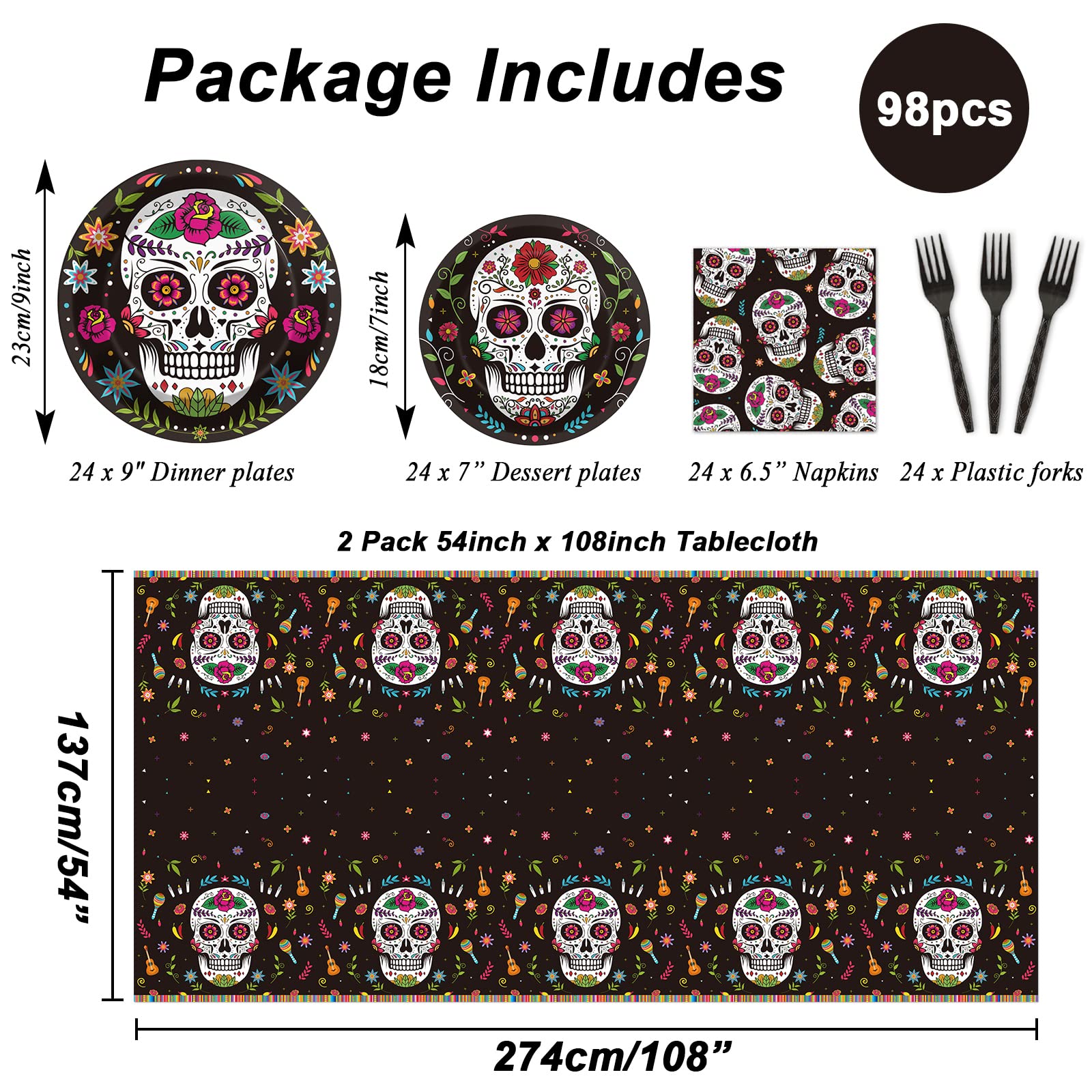98pcs Day of the Dead Party Supplies Dia de Los Muertos Tablecloth Sugar Skull Tableware Set Plates for Mexican Fiesta Halloween Birthday Party Decor Carnival Tablecover Baby Shower Decorations Favors