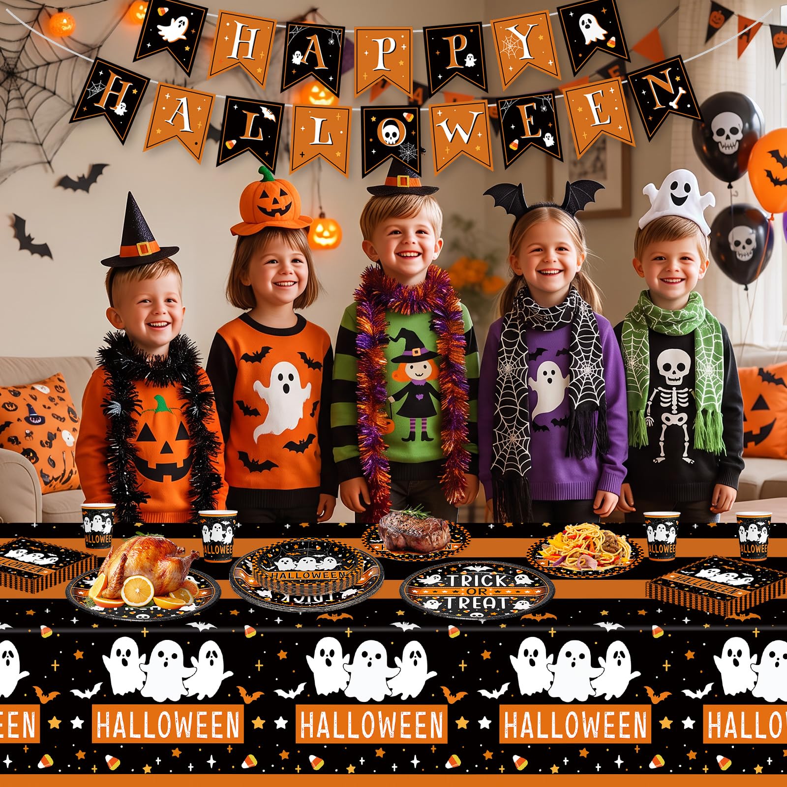 82 Pcs Halloween Plates and Napkins - Disposable Halloween Ghost Paper Plates Napkins Cups Tablecloth Banner Tableware Set for Halloween Party Decorations Supplies, Serve20