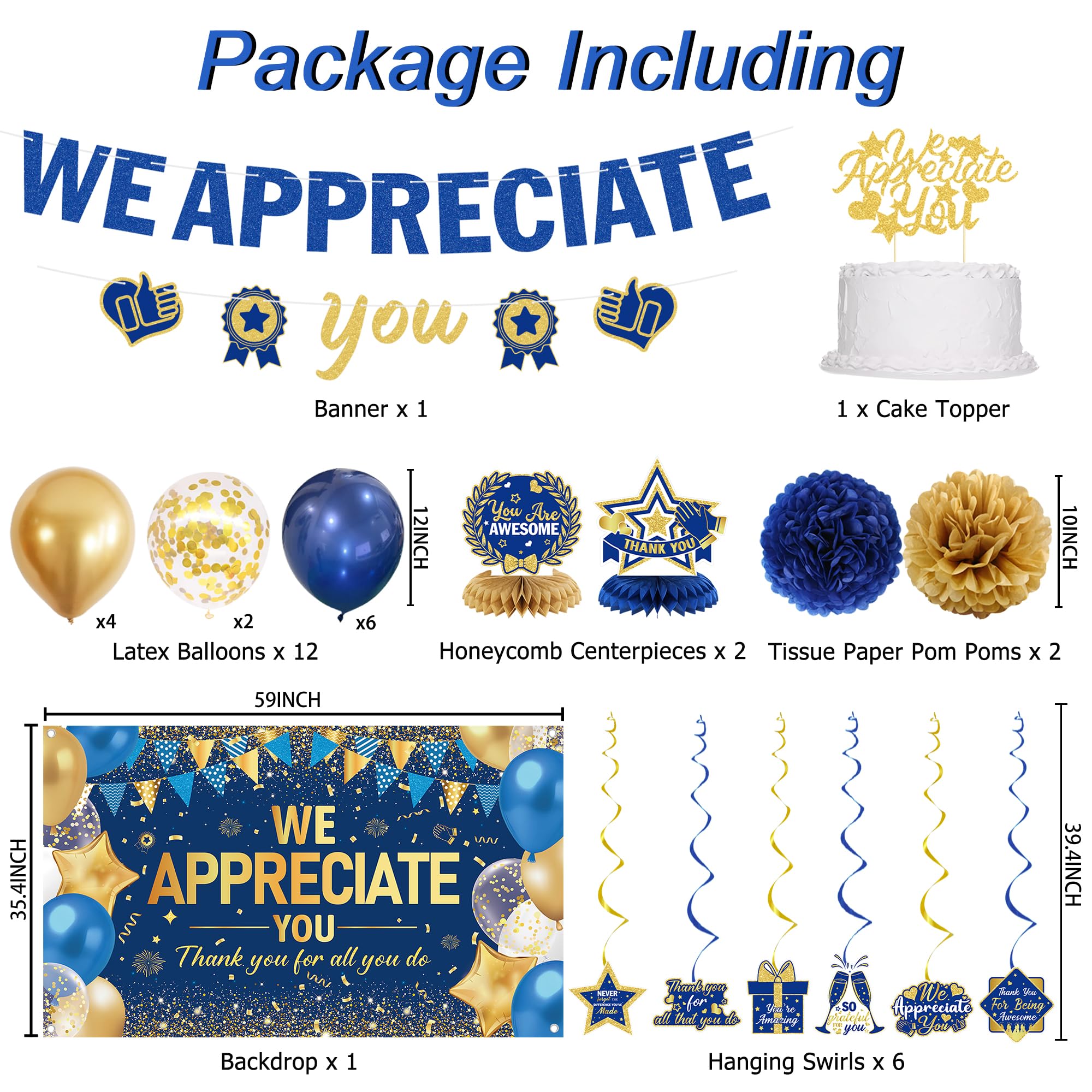 DARUNAXY Blue Gold We Appreciate You Decorations Set for Men Women