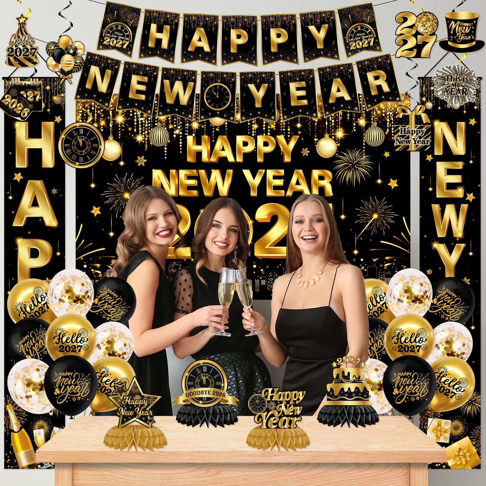 New Years Decorations 2027,Happy New Years Eve Party Supplies Gold and Black Nye Party Decorations With Backdrop Door Banner Hanging Swirls Honeycomb Balloon