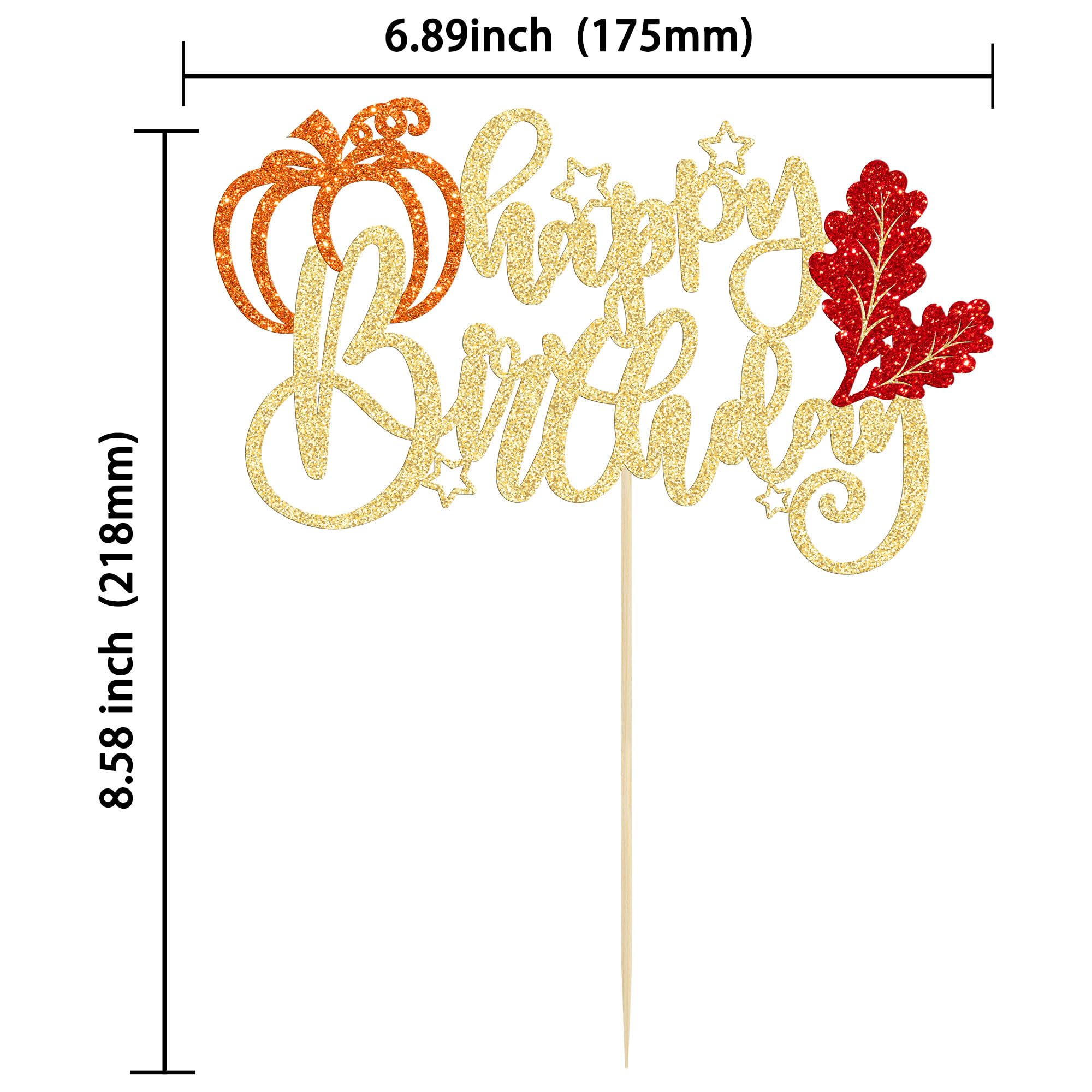1Pc Maple Leaf Happy Birthday Cake Topper Glitter Fall Autumn Harvest Pumpkin Birthday Cake Pick Decorations for Thanksgiving Day Theme Birthday Party Cake Decorations Supplies