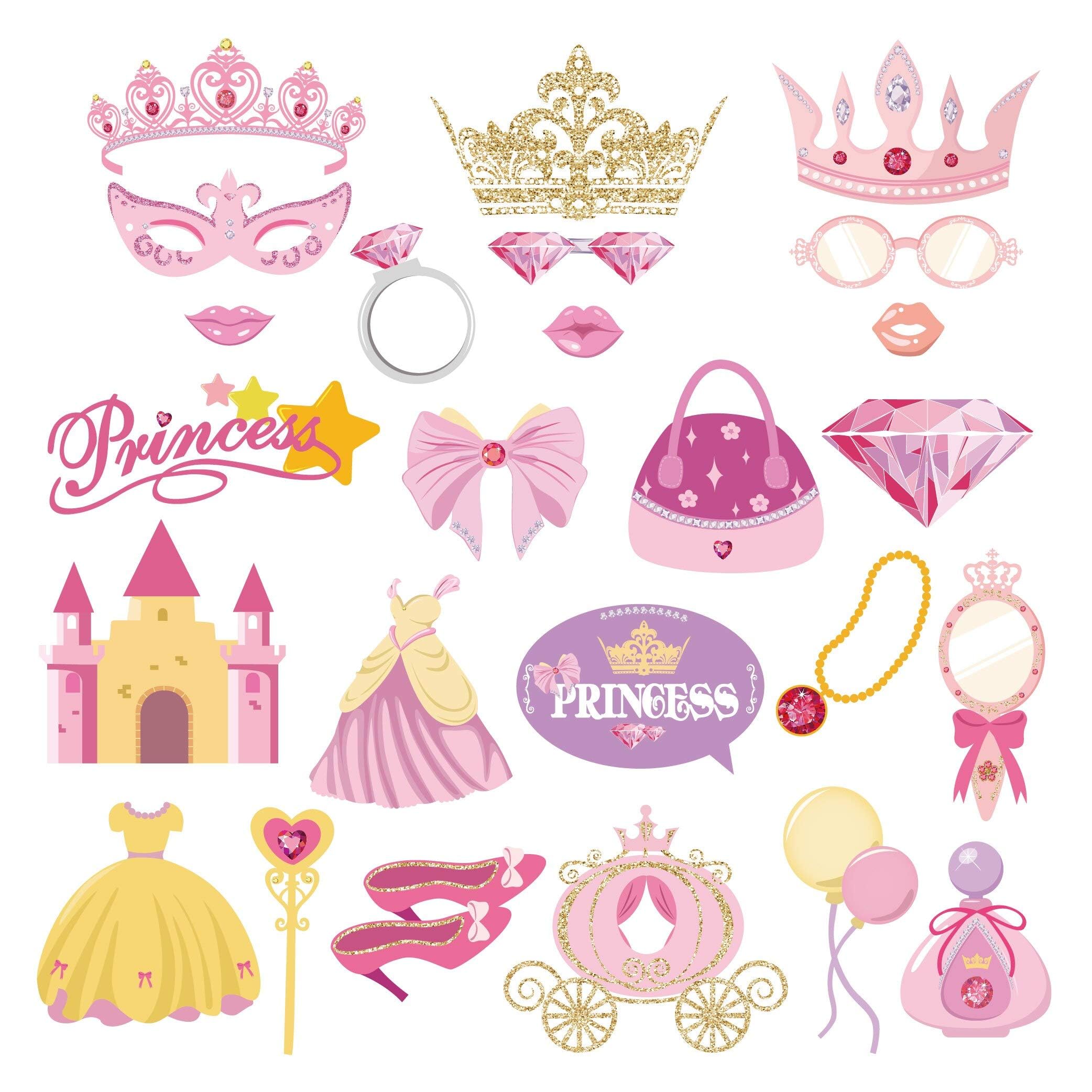 Kristin Paradise 25Pcs Princess Photo Booth Props with Stick, Cinderella Theme Selfie Props, Little Royal Queen Birthday Party Supplies, Fairytale Photography Backdrop Decorations