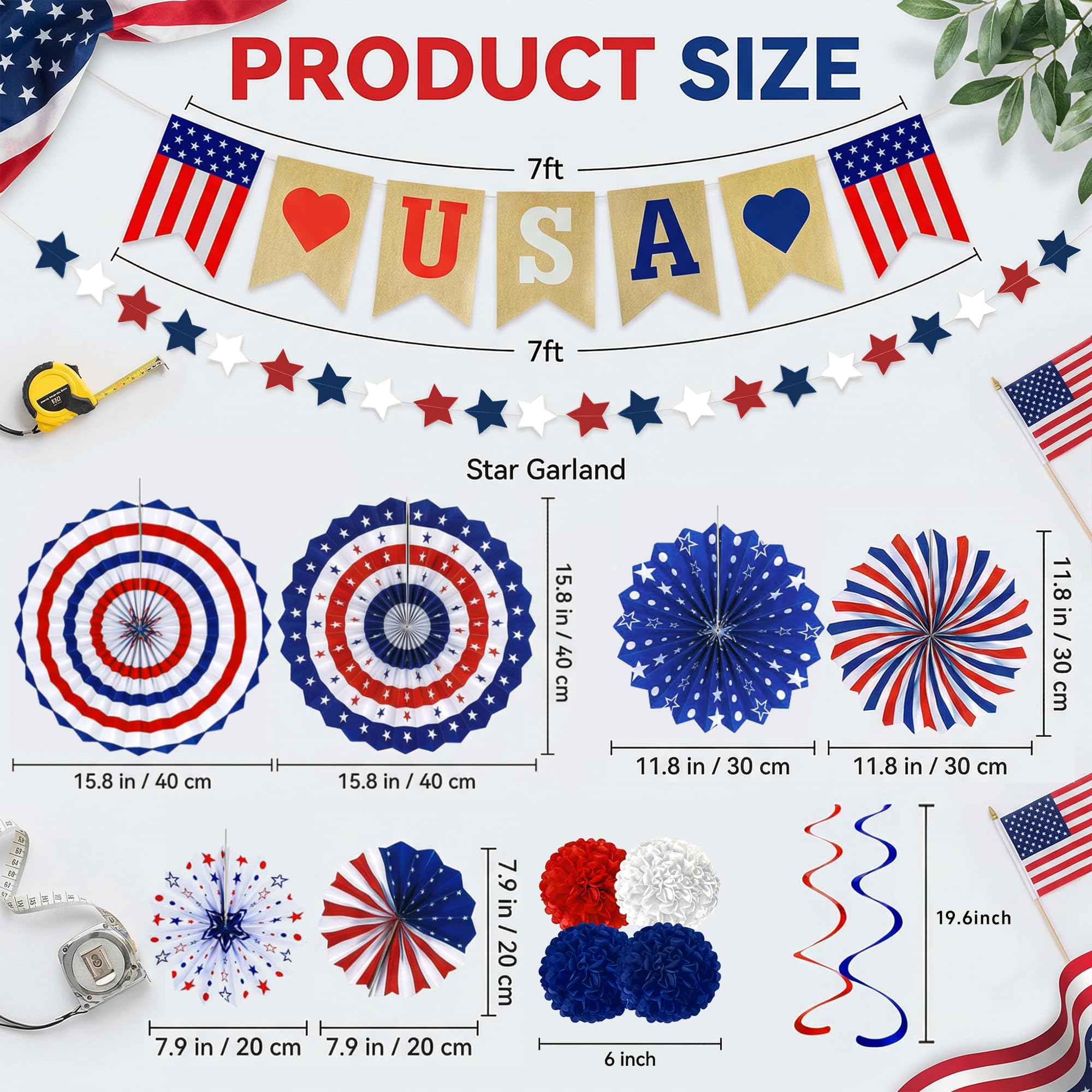 4th of July Decorations - 26 PCS Patriotic USA Banner Star Streamer Paper Fans Hanging Swirls Pompoms Set for Memorial Day | Fourth of July Accessories for Indoor Outdoor Home