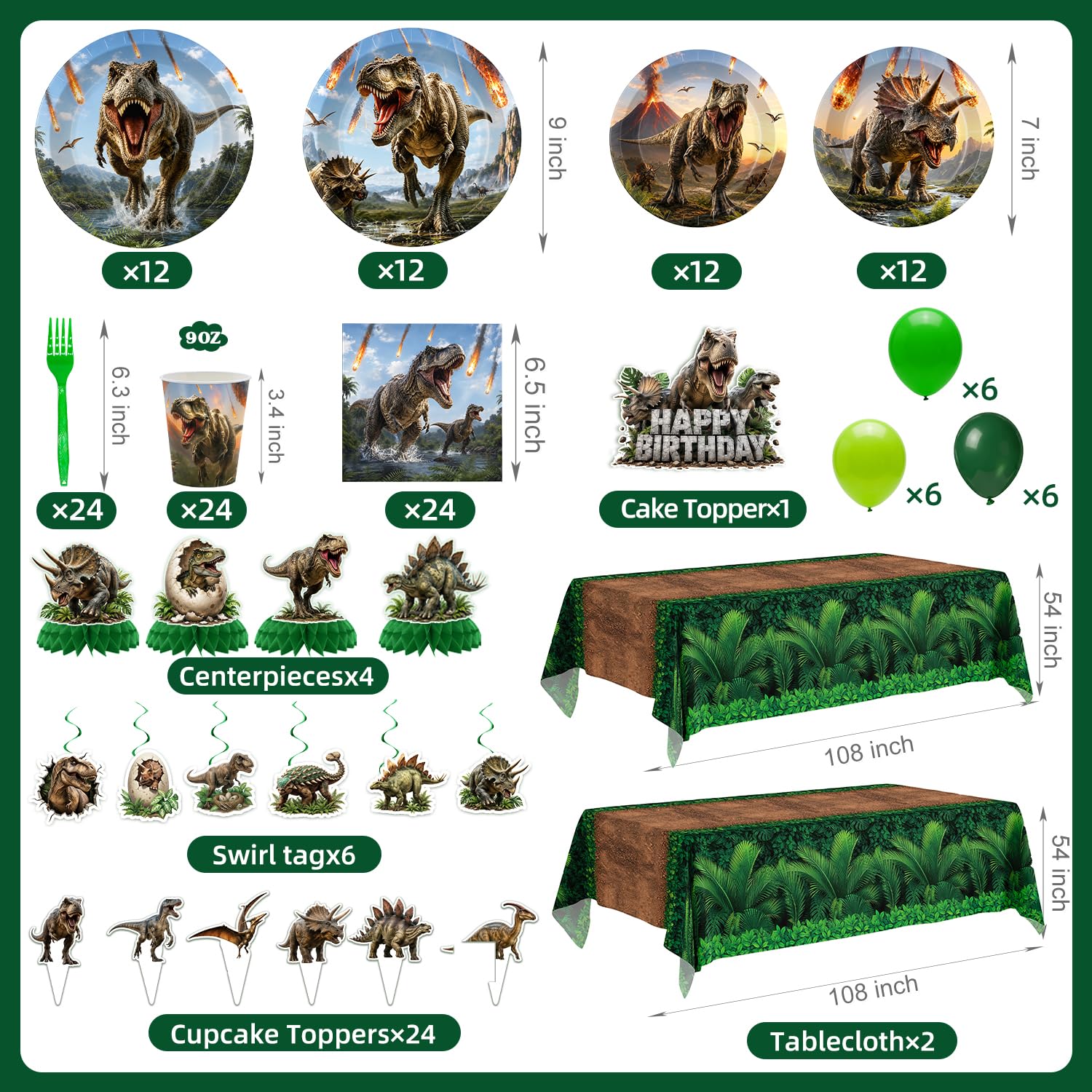 182 Pcs Dinosaur Birthday Party Decorations (Serves 24), Dino Party Decorations Include Banner Hanging Plates Napkins Cups Forks Knifes Tablecloth Topper Balloons for Party