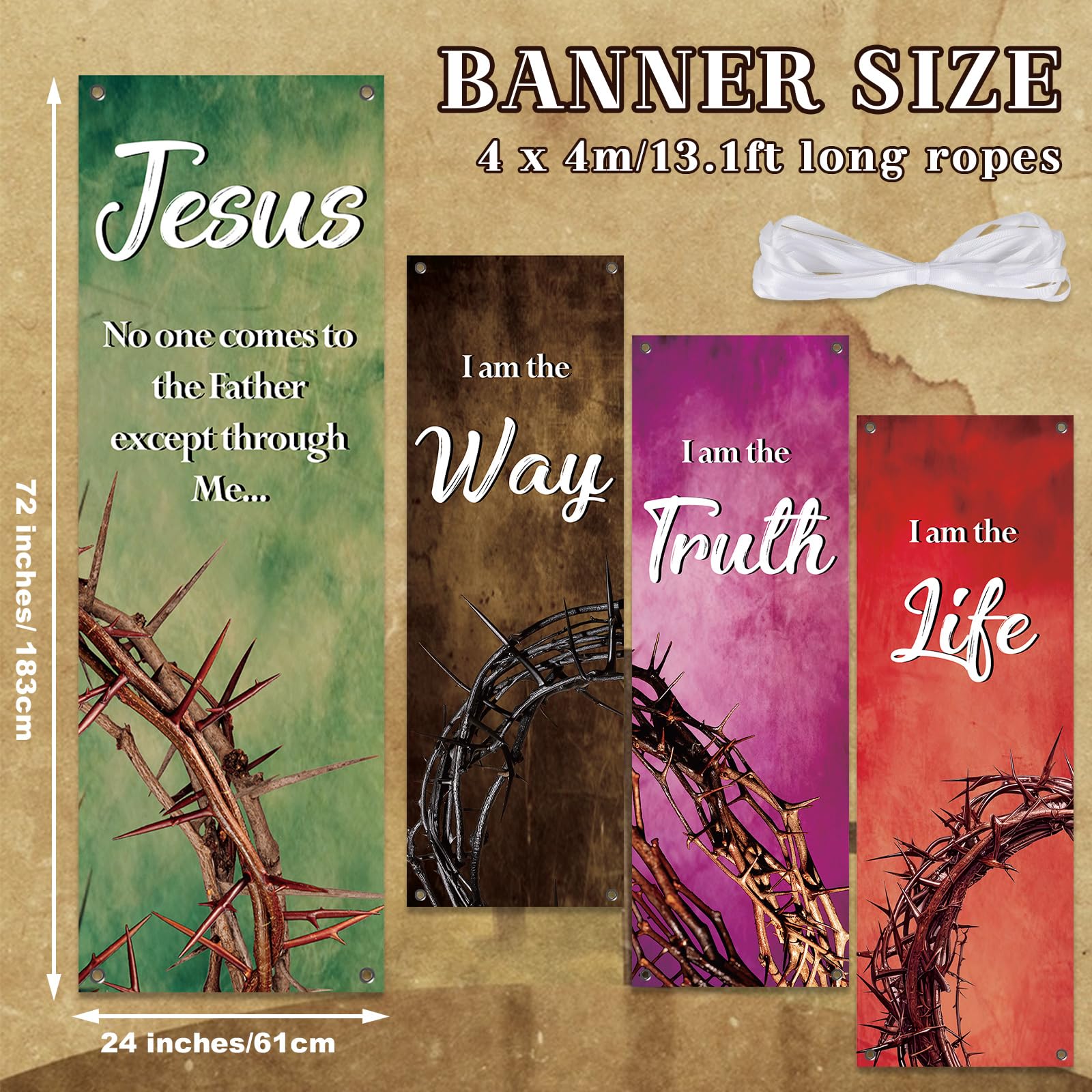 4Pcs Easter Church Banners for Sanctuary Wall Religious Banners Hanging Backdrop Praise Hanging Sign with Scripture Bible Verses Banner Easter Banner for Church School Decor(Crown of Thorns)