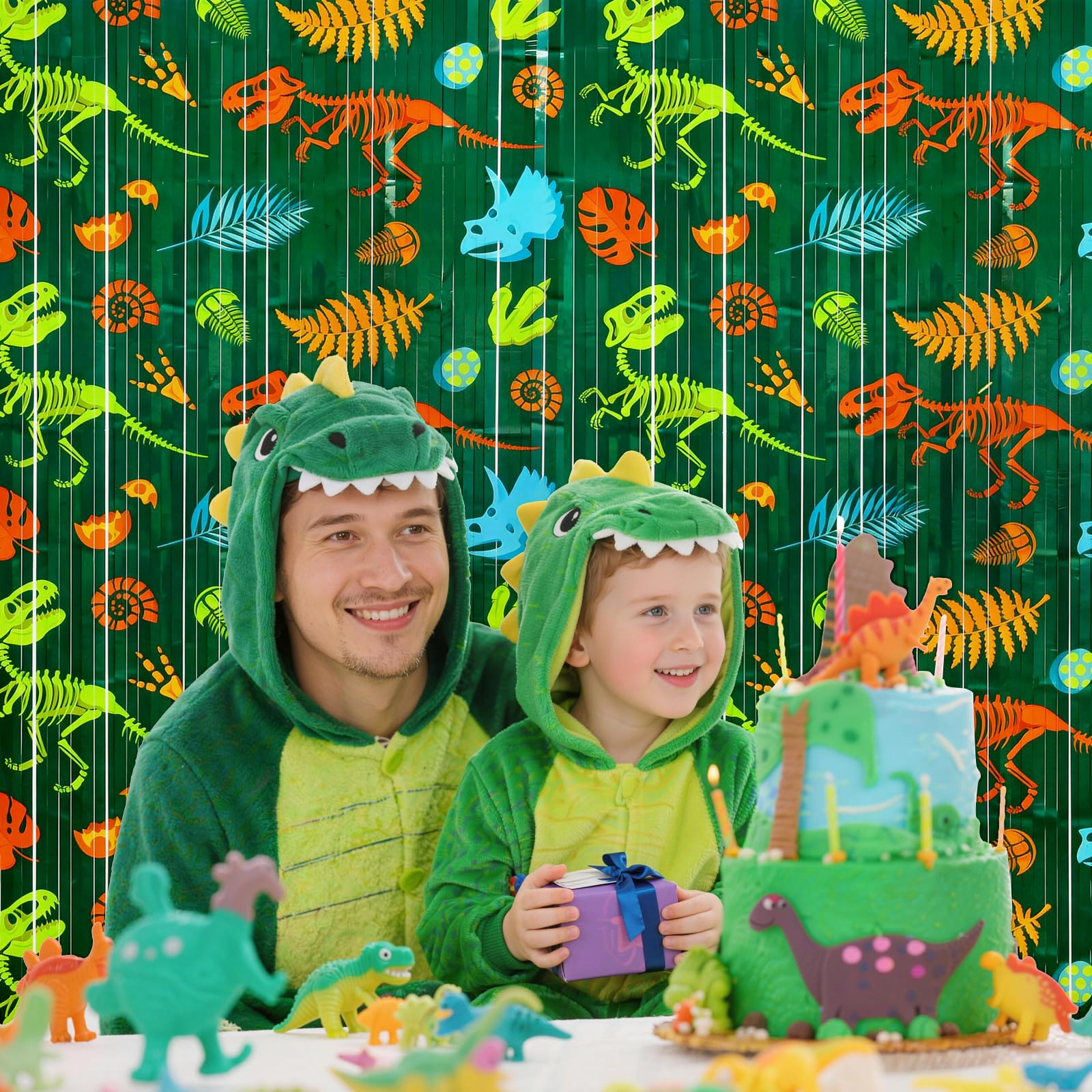 Menstarsi Dinosaur Pattern Foil Fringe Curtains, Dinosaur Backdrop, 2 Pack