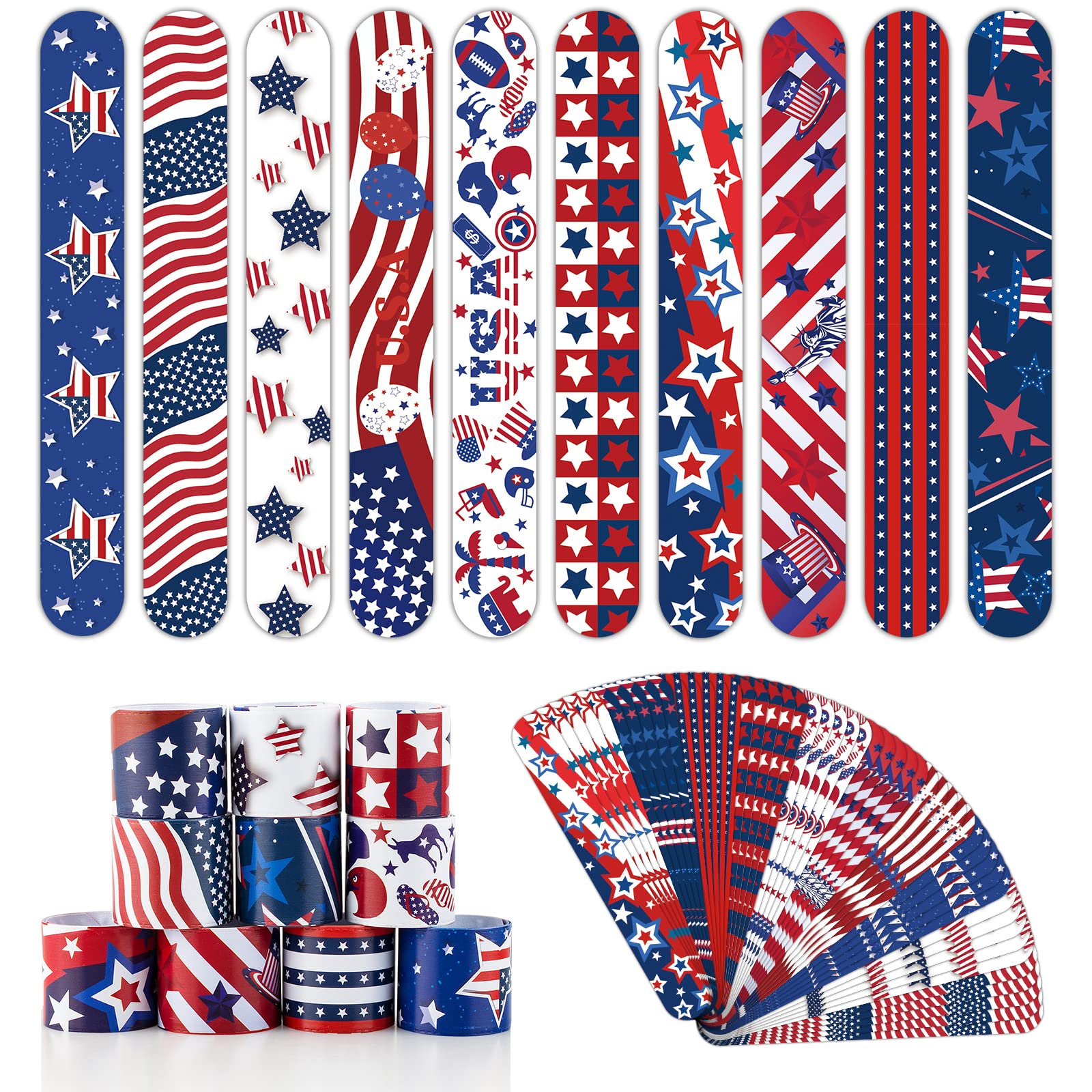 Dminya 50 Pcs Slap Bracelets for Kids 4th of July Slap Bracelets Bulk Snap Bracelet Party Supplies Favors Classroom Prizes Exchanging Gifts