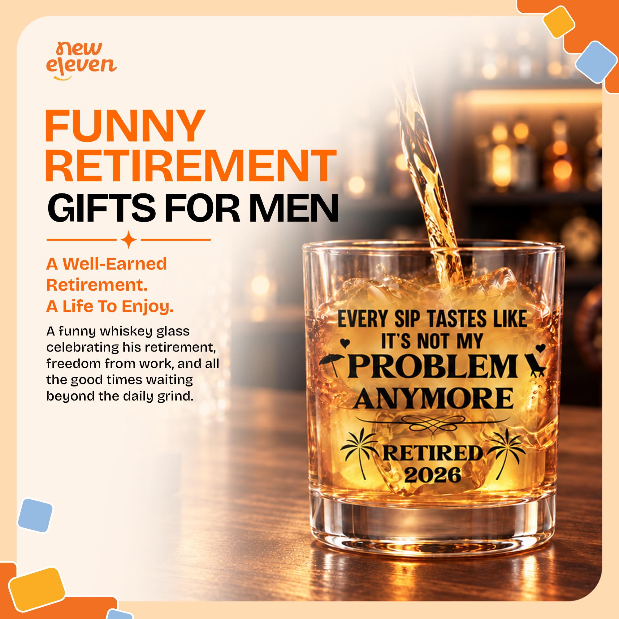 NewEleven Retirement Gifts For Men 2026 - Coworker Leaving, Goodbye Gift, Farewell Gifts For Coworkers, Friends, Dad, Grandpa - Retirement Gift For Men From Friend, Family, Colleague - Whiskey Glass
