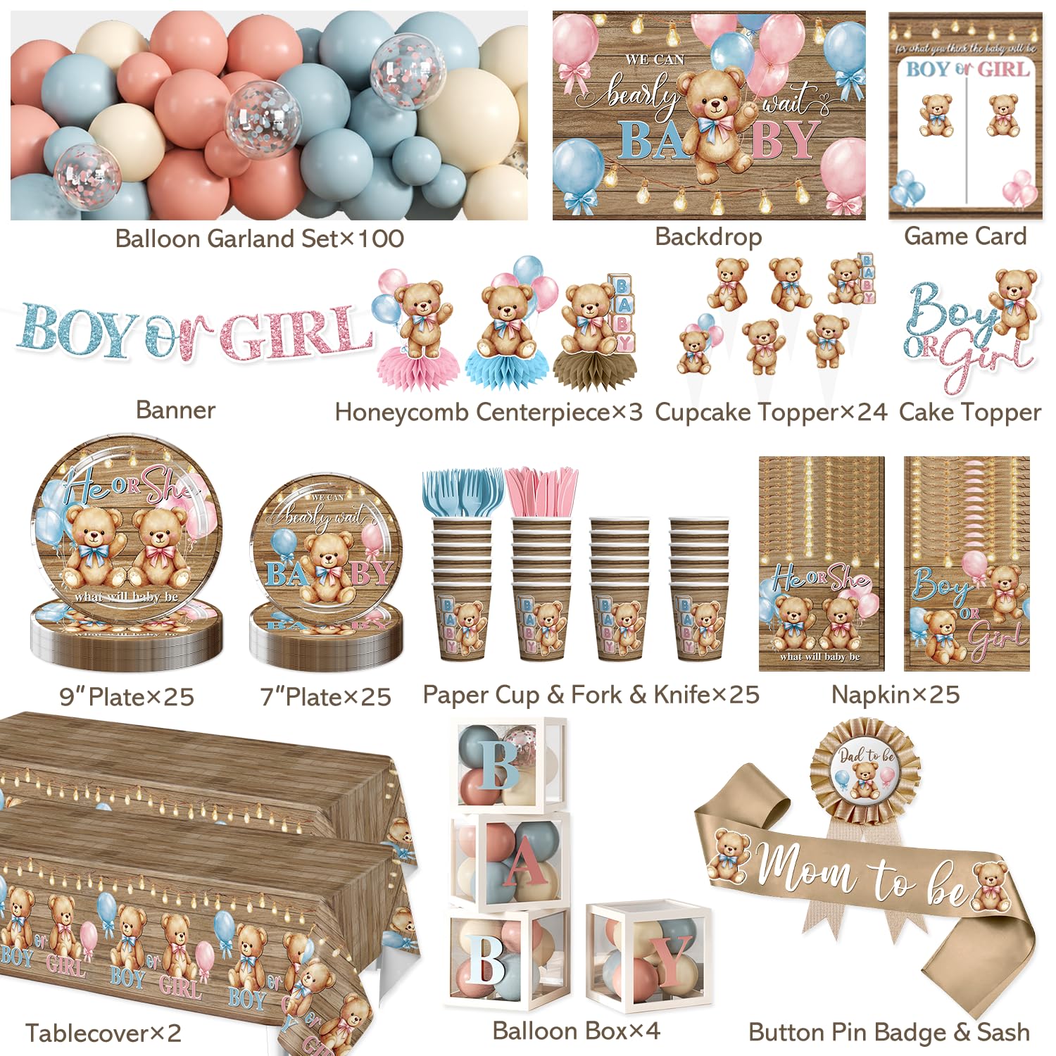 Fexivo 296Pcs Bear Gender Reveal Decorations, All-in-One Set for 25 Guests
