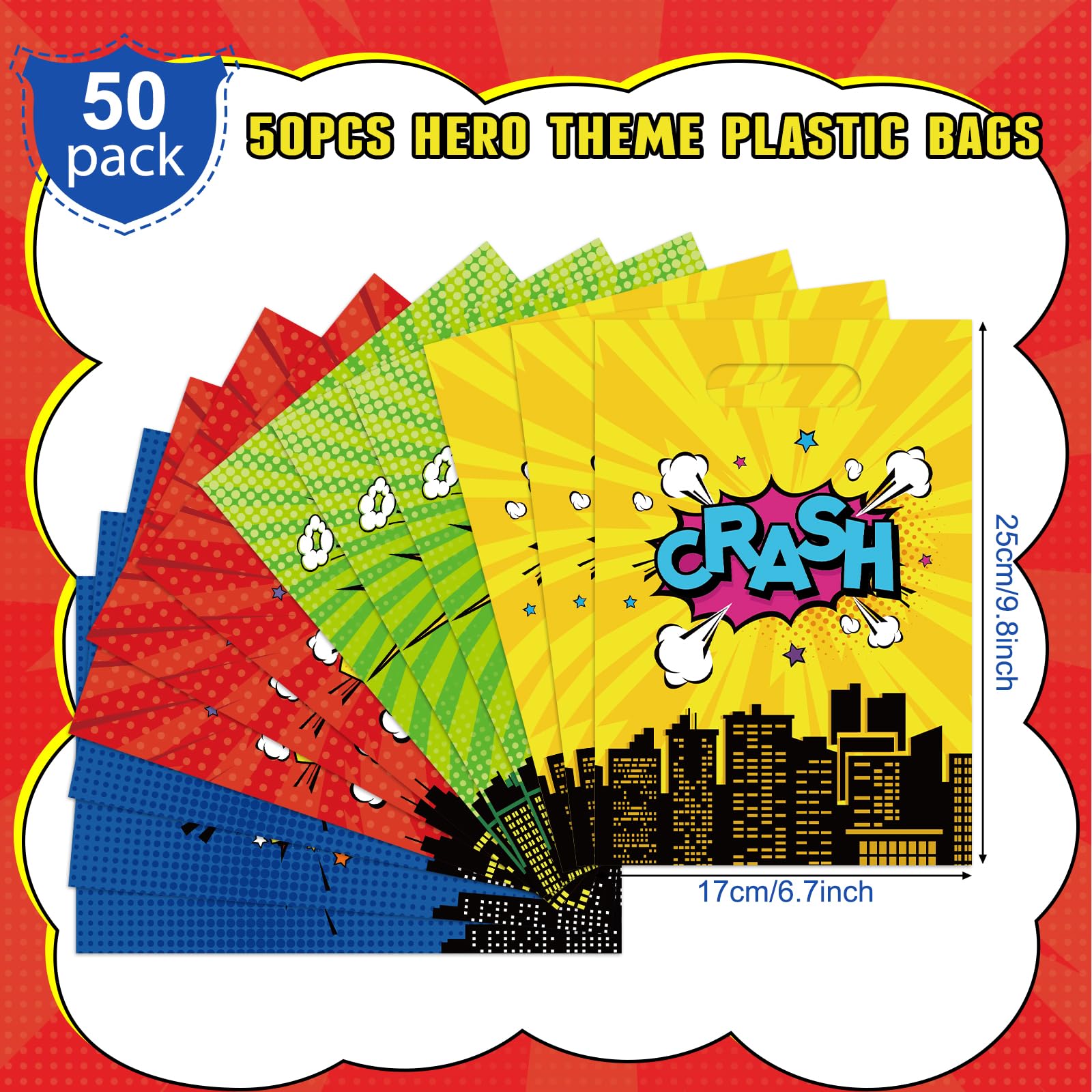 YIDAKO 50pcs 6.7 * 10 inches Hero Party Favors Plastic Treat Bags