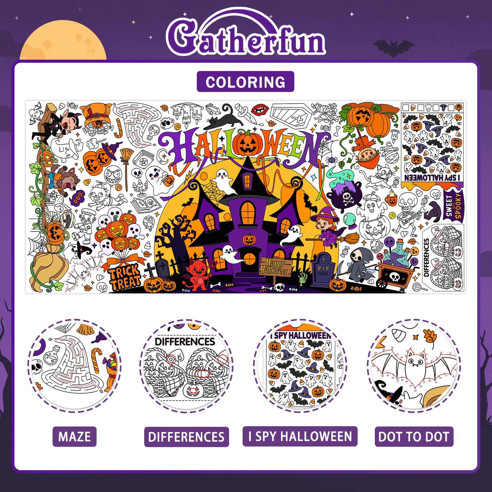 Halloween Activity Poster, 31.5 x 72 Inch Halloween Craft Paper Coloring Banner, Halloween Tablecloth for Kids, Halloween Decorations for School Party, Classroom Activities and Special Events