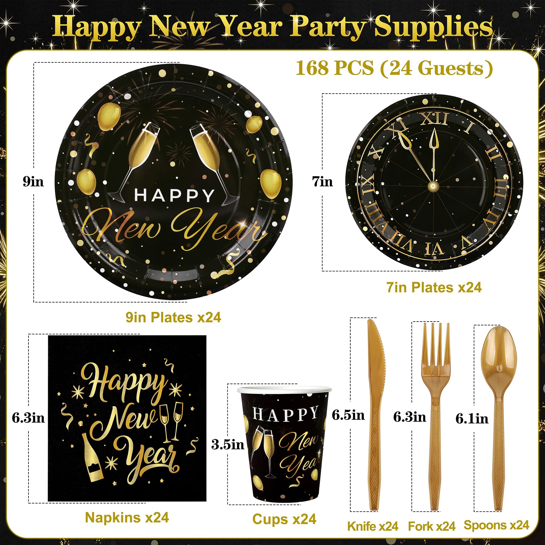 Fighting to Achieve 168pcs Happy New Year Party Supplies, Black and Gold Paper Plates Napkins Cups and Gold Cutlery for 24 Guests, 2027 New Year Disposable Tableware Supplies for Party Decorations