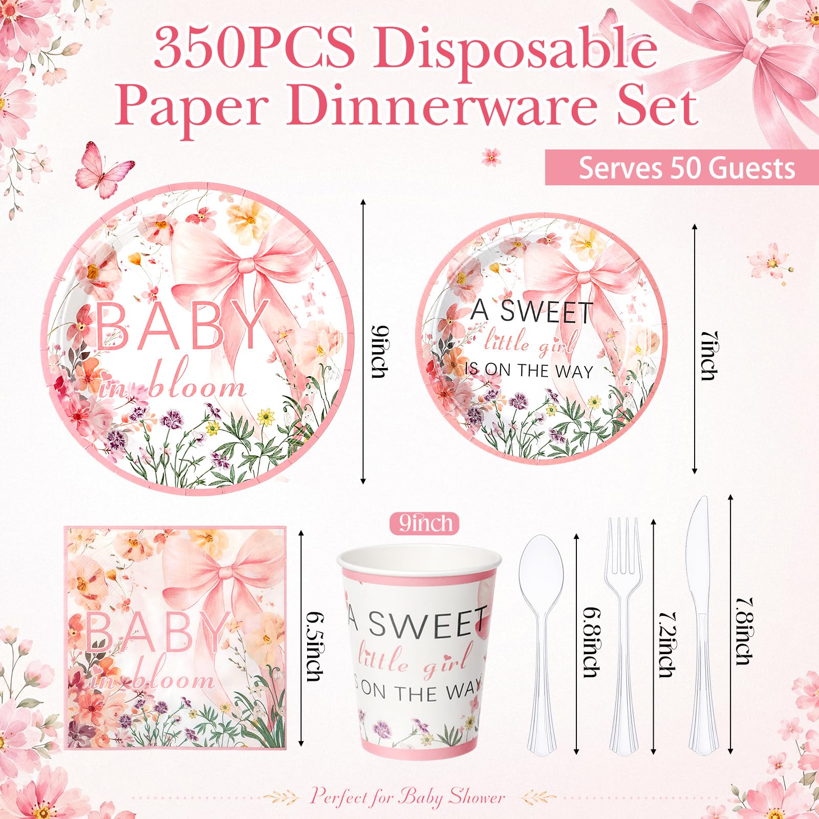 FillTouch 350 Pcs Baby in Bloom Baby Shower Party Plates Napkins a Sweet Is on The Way Paper Cups with Clear Knives Fork Spoon for Pink Bow Flower Disposable Birthday Tableware for 50 Guests
