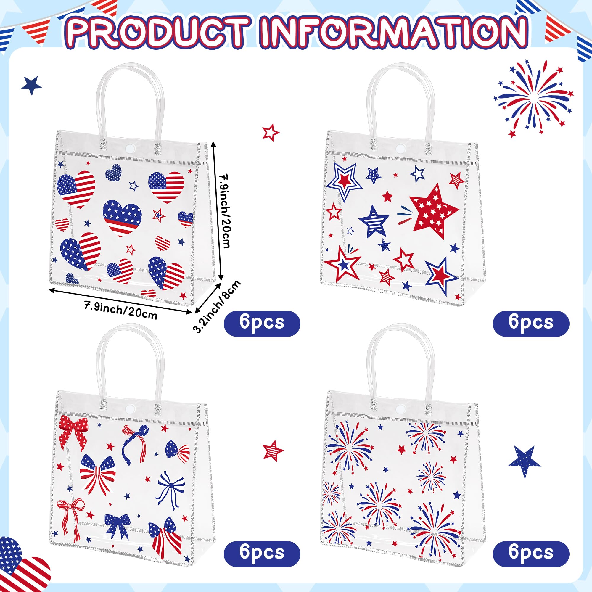 H1vojoxo 250 Years Patriotic Gift Bags - 24PCS 4th of July Clear PVC Gift Bags with Handle 7.9 x 3.2 x 7.9 Inches American Goodie Treat Snack Candy Gifts Bag Independence Day Memorial Day Party Favors