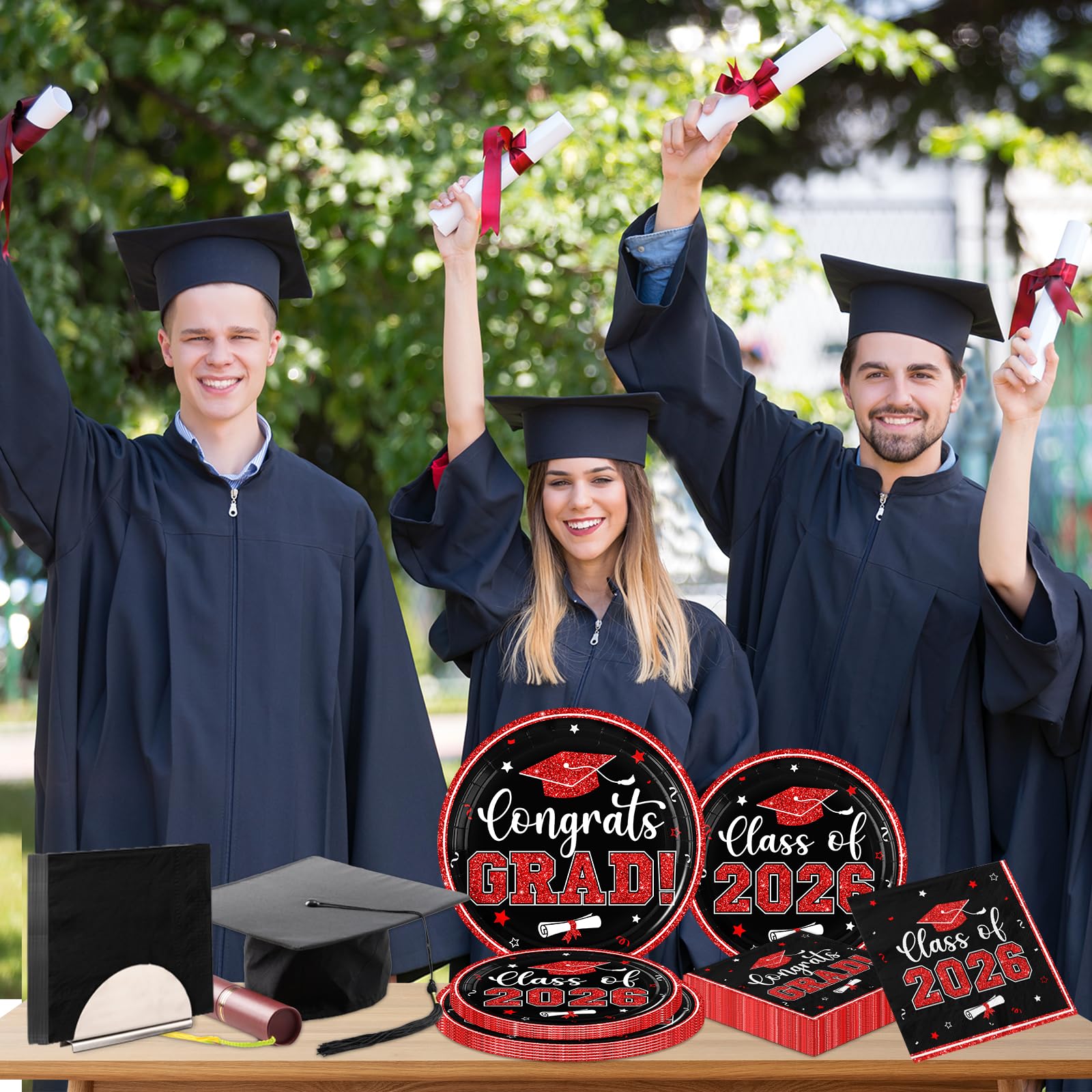 Graduation Plates and Napkins 2026,Red and Black Graduation Decorations 200pcs Graduation Paper Plates and Napkins Graduation Party Supplies for Graduation Party Decorations,Serve 50