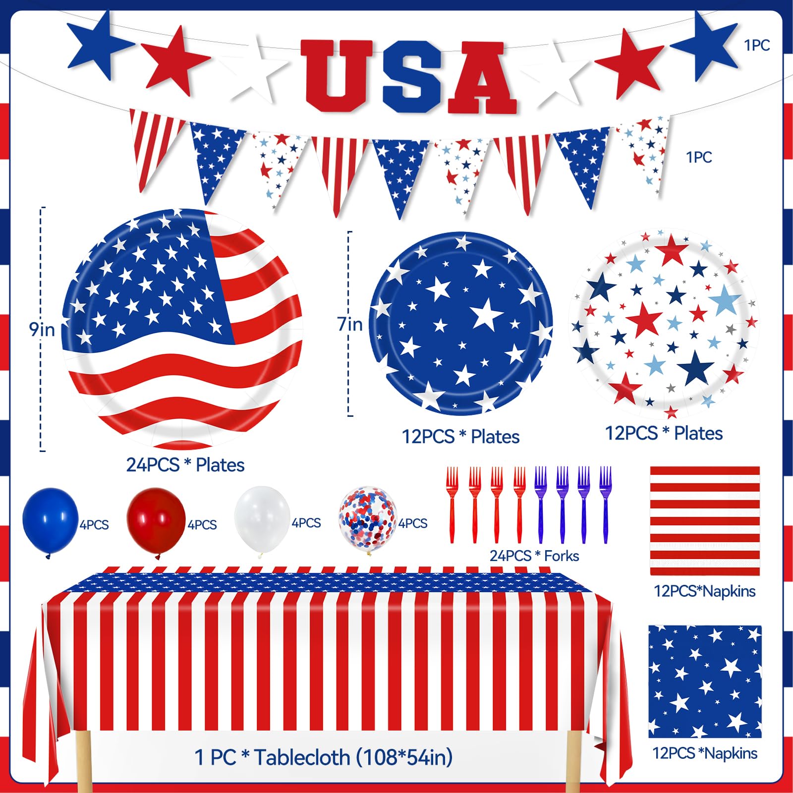 Labor Day Decorations, 119PCs Veterans Day Party Supplies-Serves 24 with 4th of July Plates and Napkins Tablecloth and USA Banner Forks Balloons for Veterans Day Decorations 4th of July Decorations