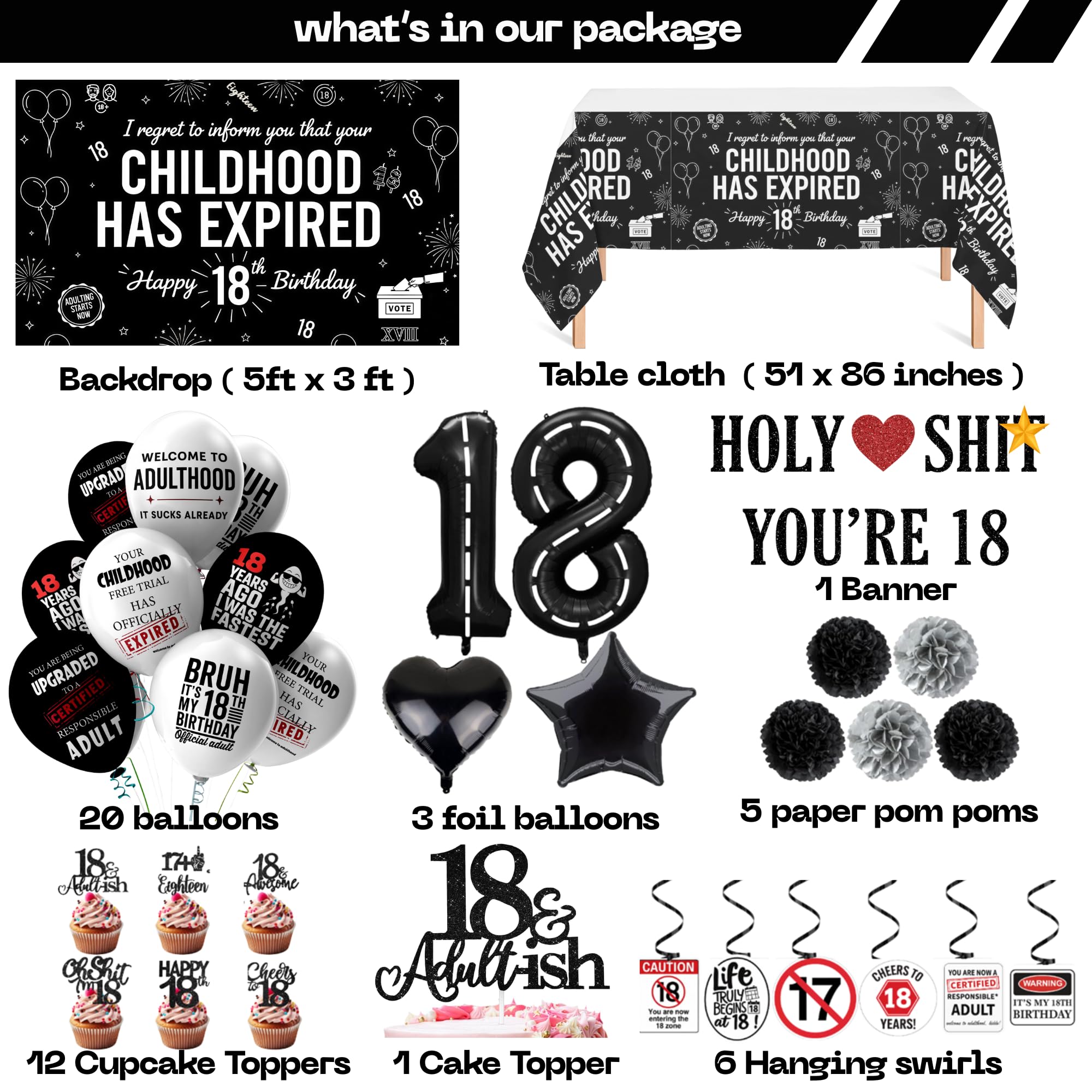18th Birthday Decorations For Boys Includes Banner, Backdrop, Tablecloth, Latex Balloons, Foil Balloons, Cake Topper, Cupcake Toppers & Hanging Swirls