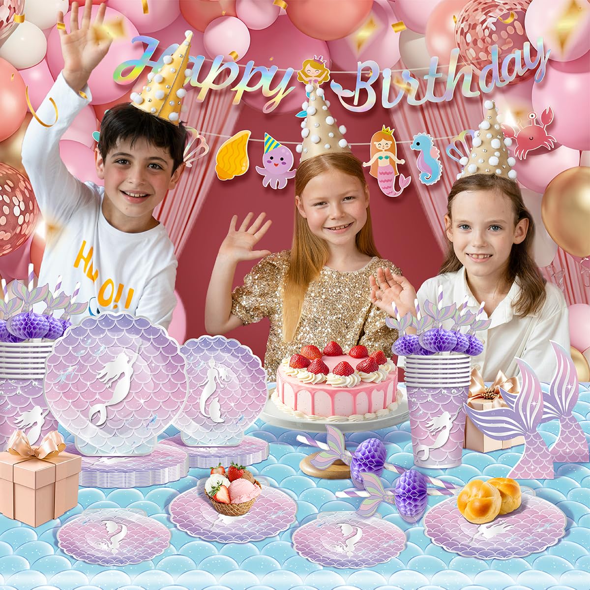 146Pcs Shell Plates and Napkins Iridescent Mermaid Party Supplies Includes Plates, Napkin, Fork, Cup, Straw, Tablecloth, Banner Seashell for Under the Sea Birthday Party Decorations, Serves 24