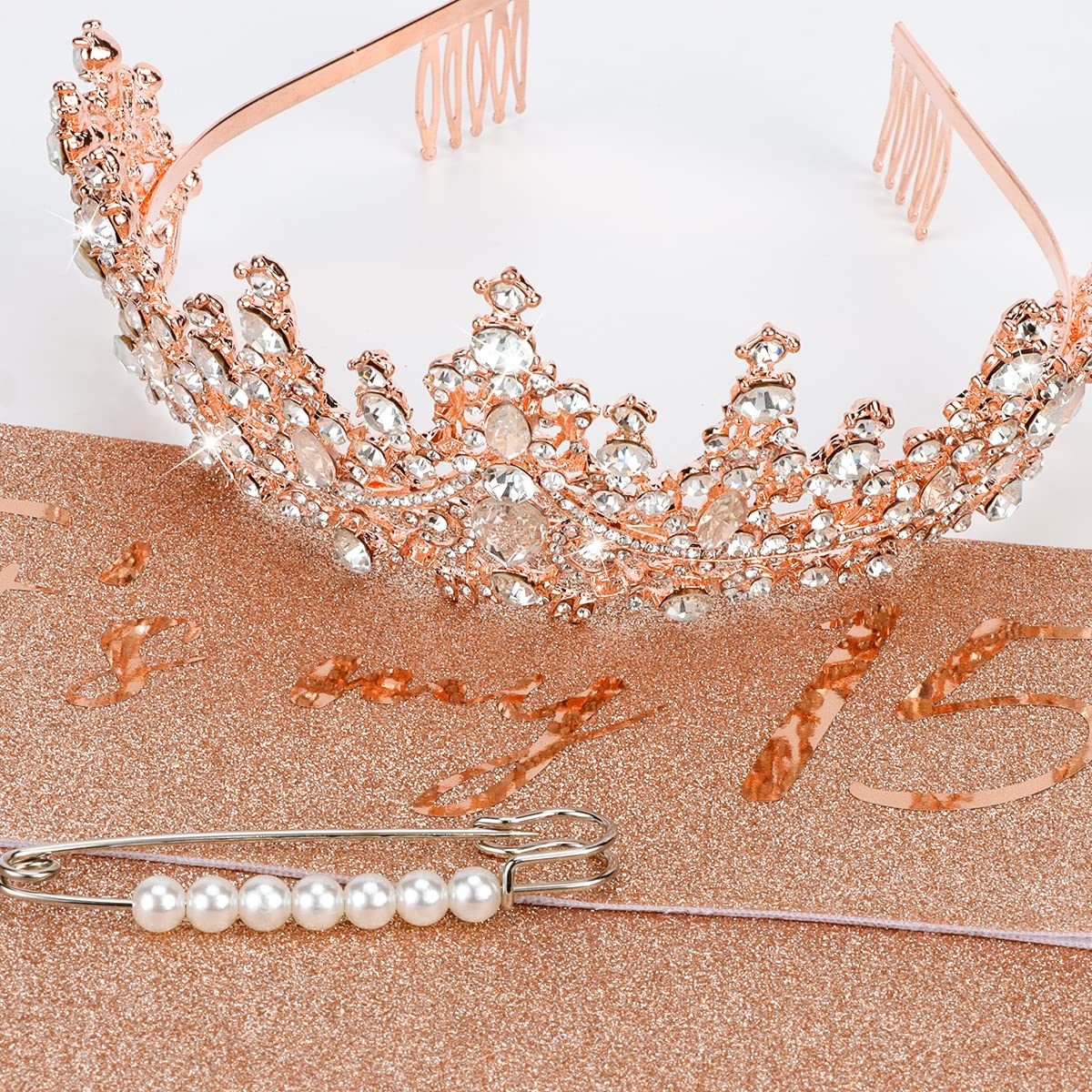 TOBATOBA 15th Birthday Decorations - Rose Gold Sash & Tiara for Quinceanera Party Favor Supplies